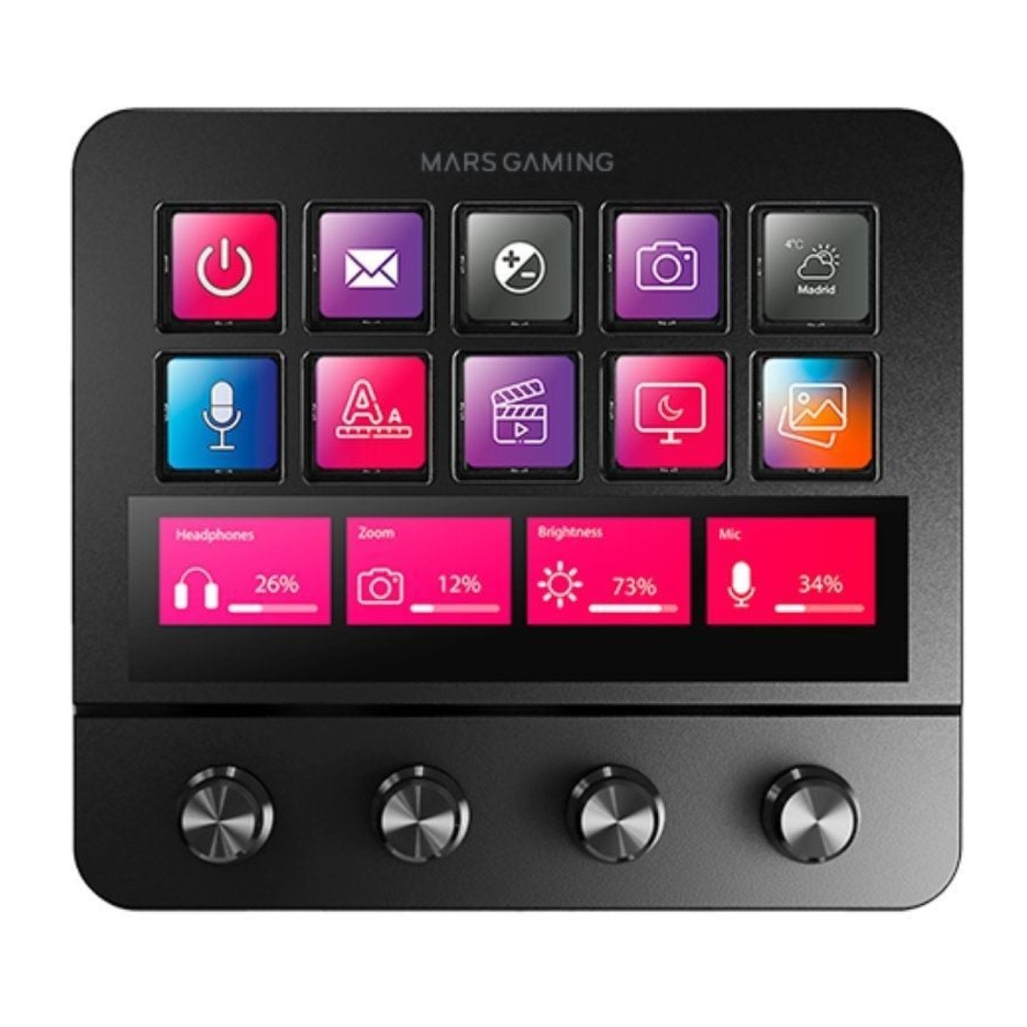 Mars Gaming Stream Deck · 10 Teclas LCD · 4 Diales Personalizables · Negro
