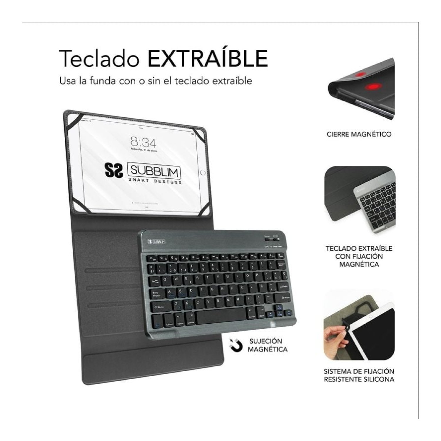 Subblim Keytab Pro · Funda con Teclado Bluetooth · 9,6"-10,8" · Gris