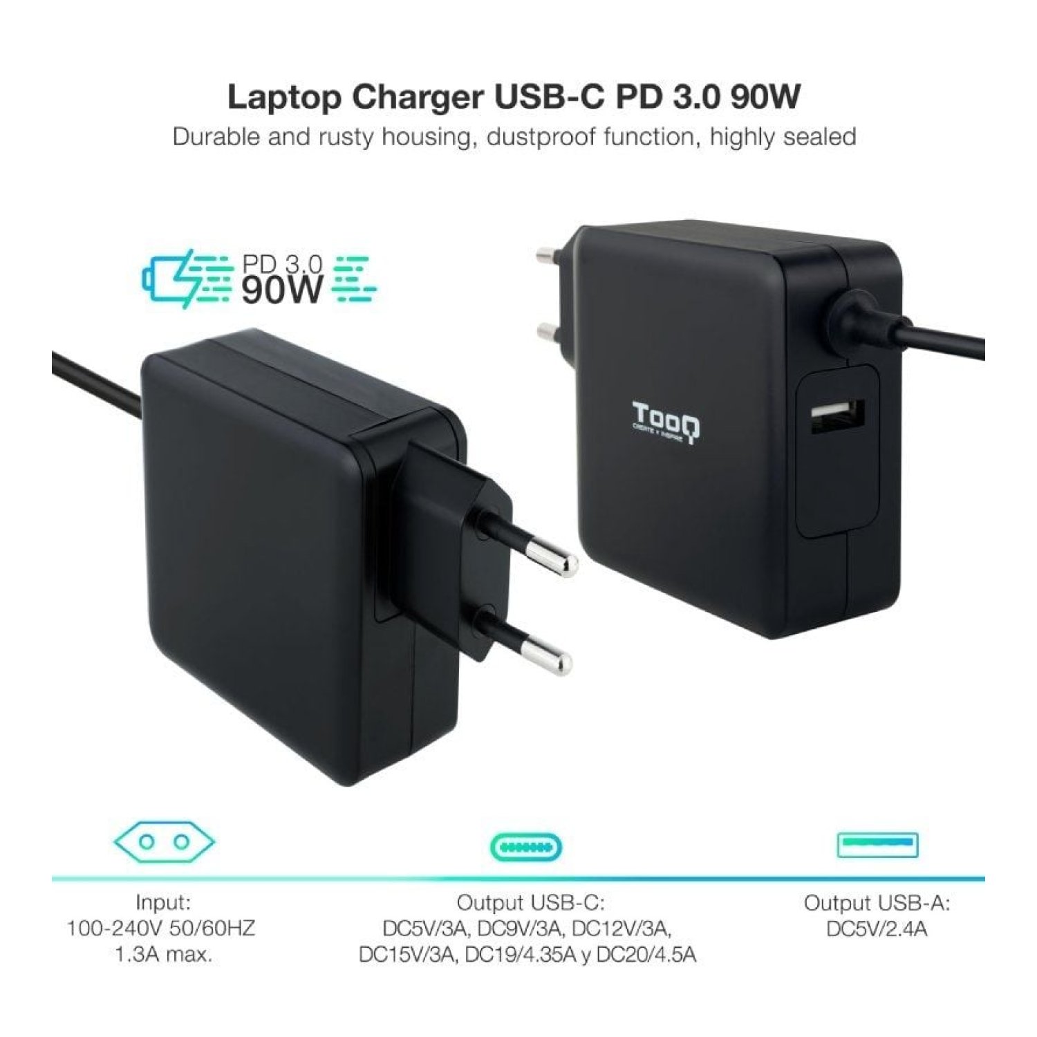 TooQ Cargador USB-C · 90W · 1 Puerto USB · Carga Rápida · Voltaje 5-20V