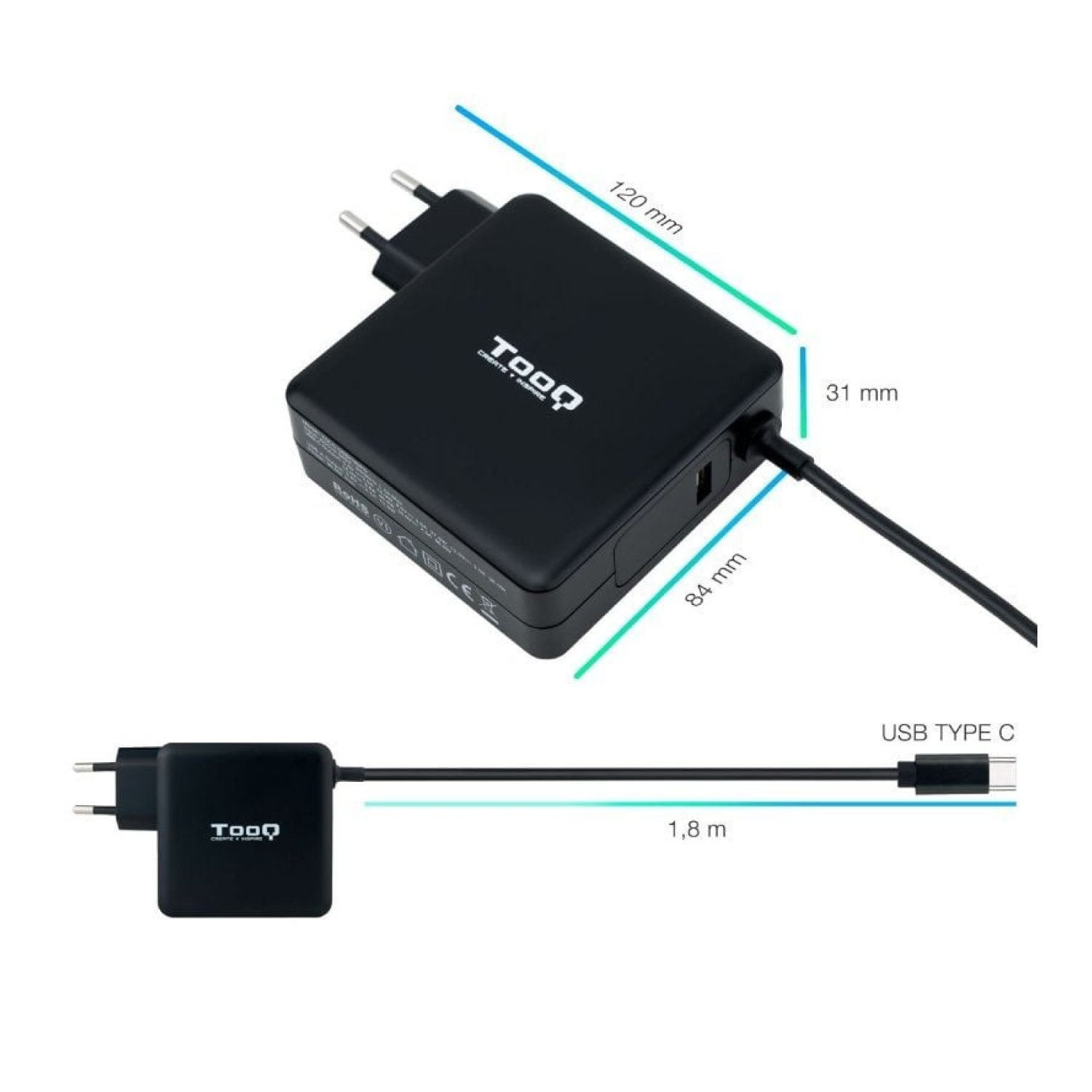 TooQ Cargador USB-C · 90W · 1 Puerto USB · Carga Rápida · Voltaje 5-20V