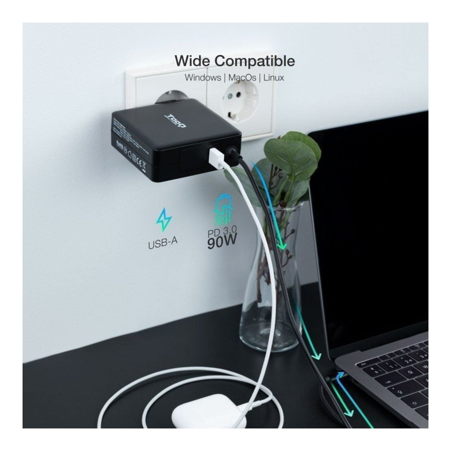 TooQ Cargador USB-C · 90W · 1 Puerto USB · Carga Rápida · Voltaje 5-20V