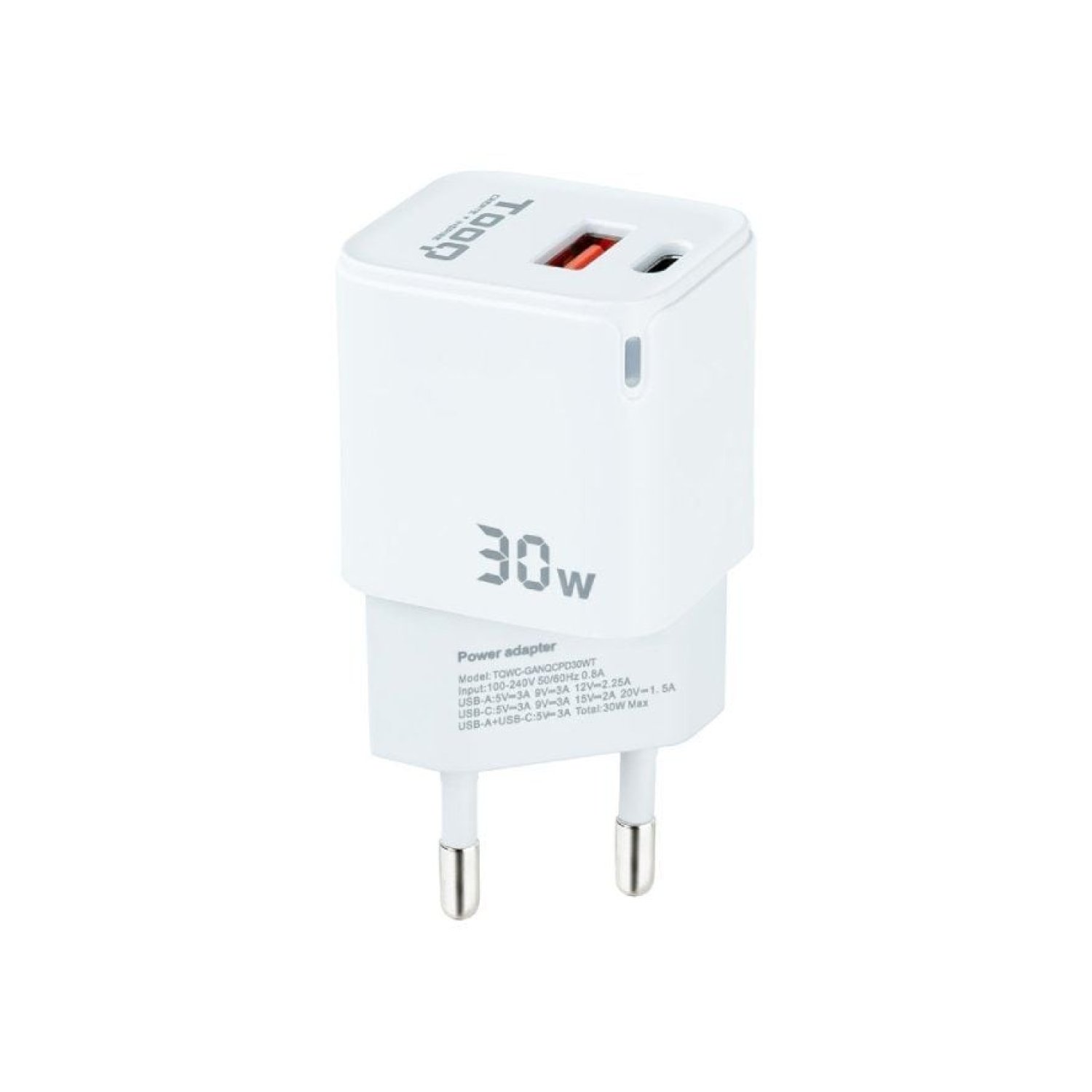 TooQ Cargador GaN 30W · USB-C + USB · Carga Rápida