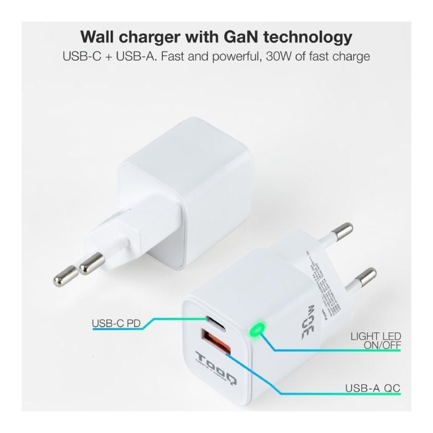 TooQ Cargador GaN 30W · USB-C + USB · Carga Rápida