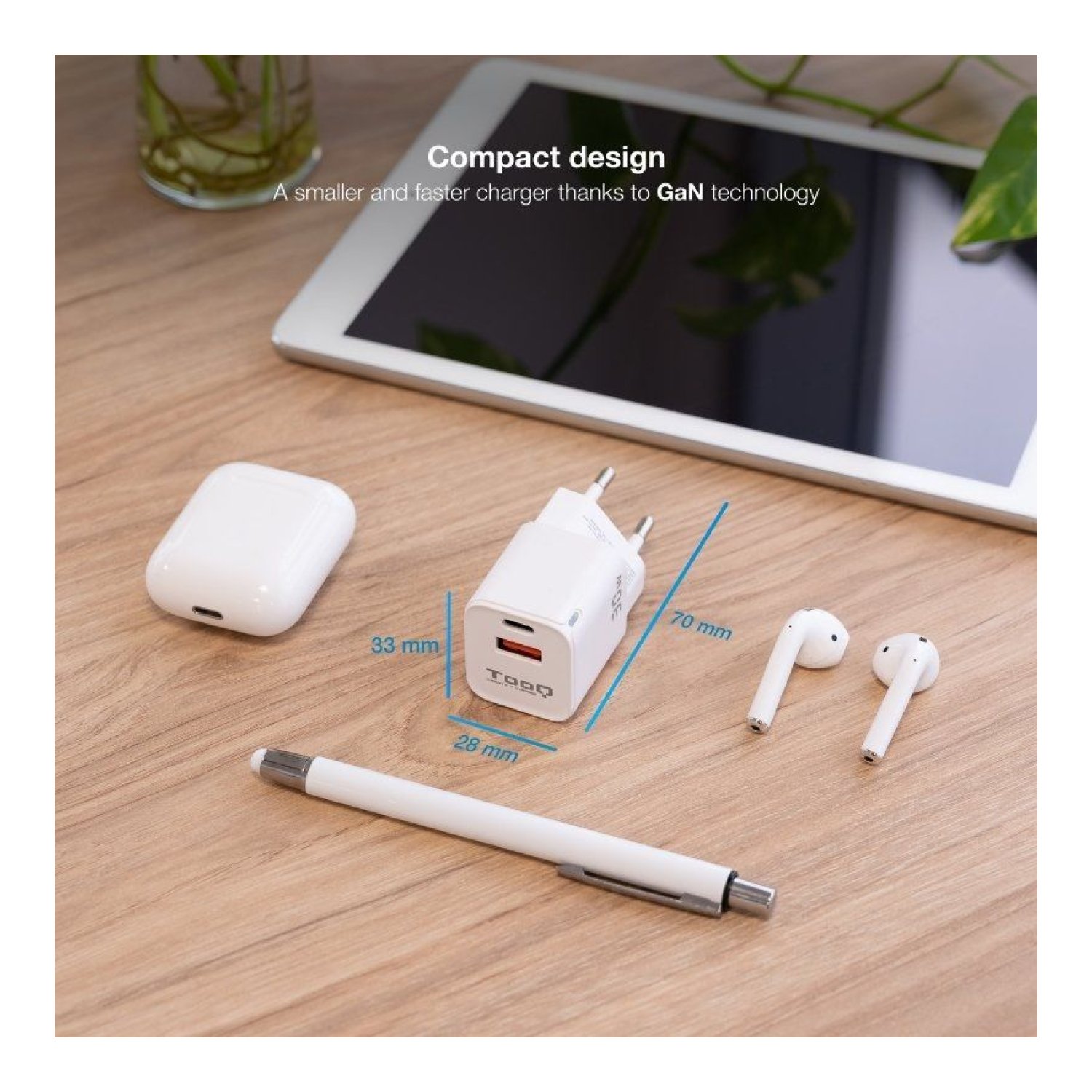 TooQ Cargador GaN 30W · USB-C + USB · Carga Rápida