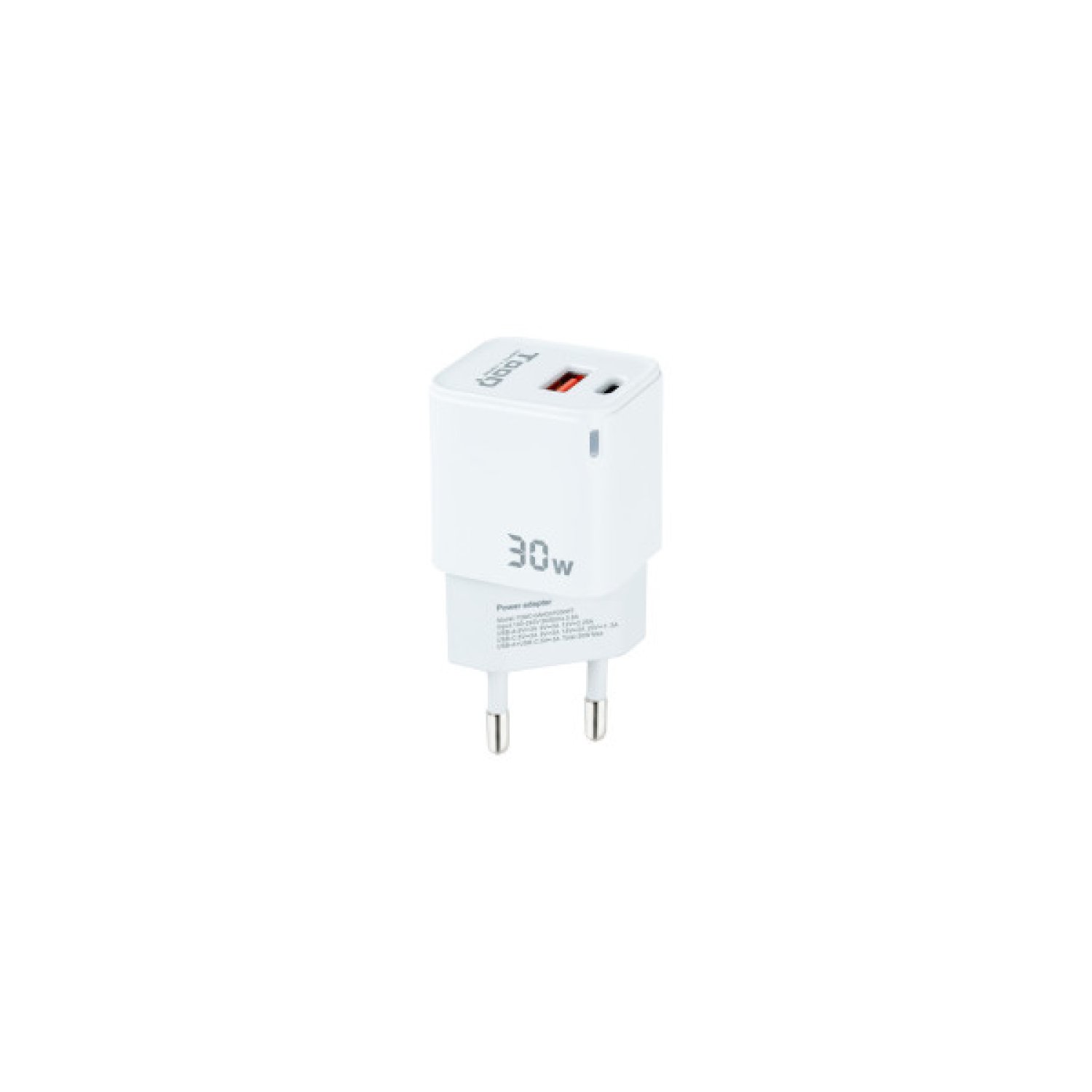 TooQ Cargador GaN 30W · USB-C + USB · Carga Rápida