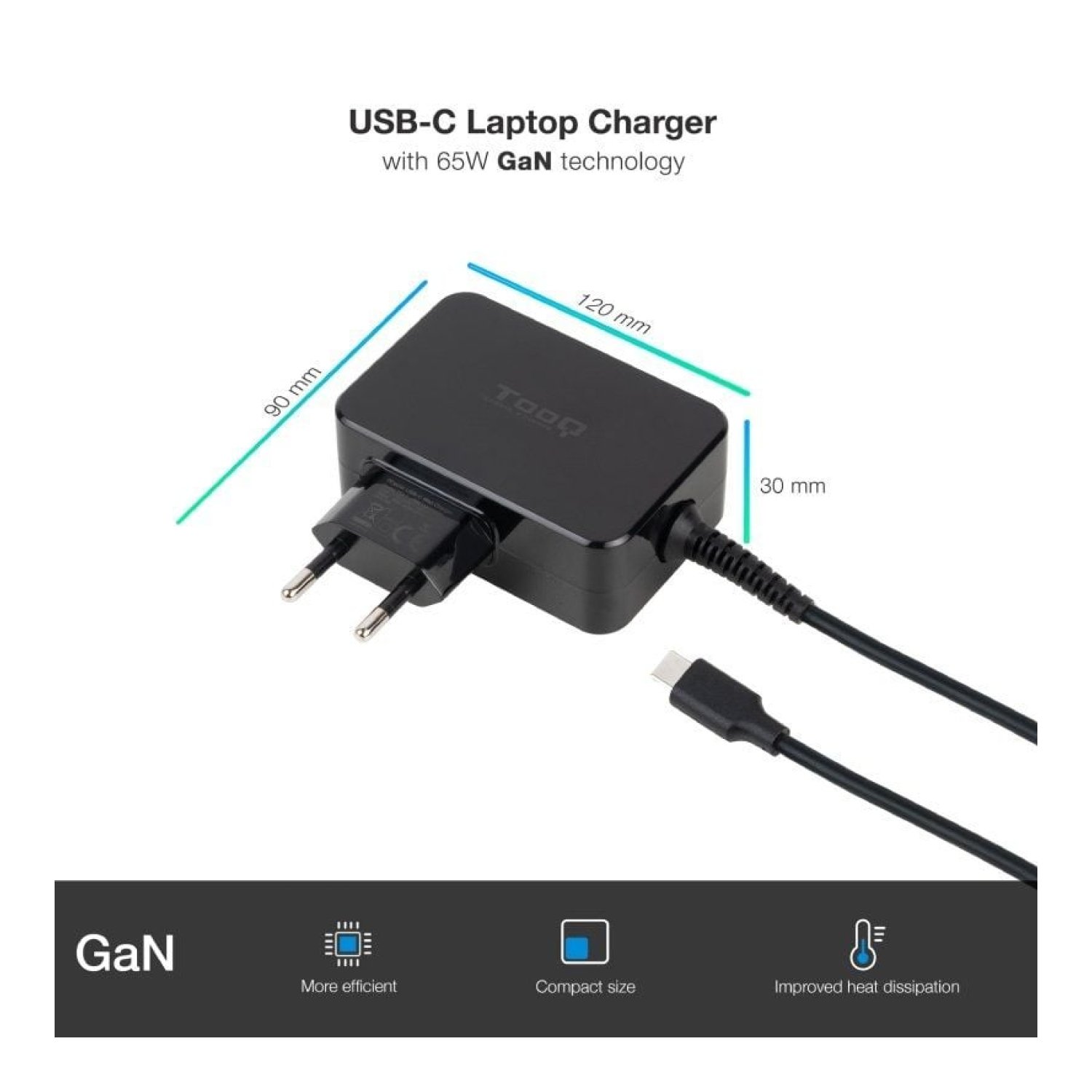 TooQ Cargador GaN USB-C · 65W · PD · 5-20V · Automático