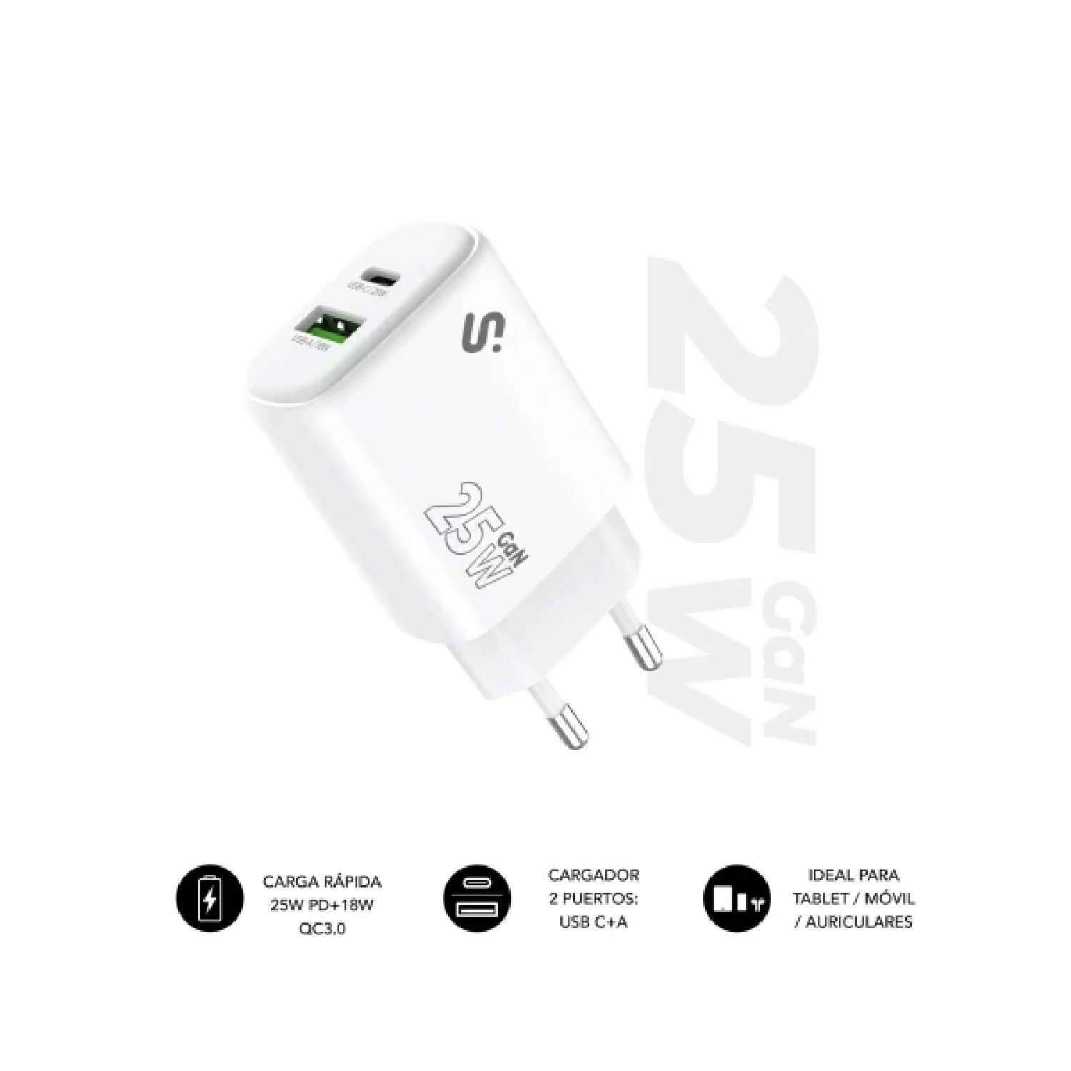 Subblim · Cargador GaN 25W · USB-C + USB-A · Carga Rápida