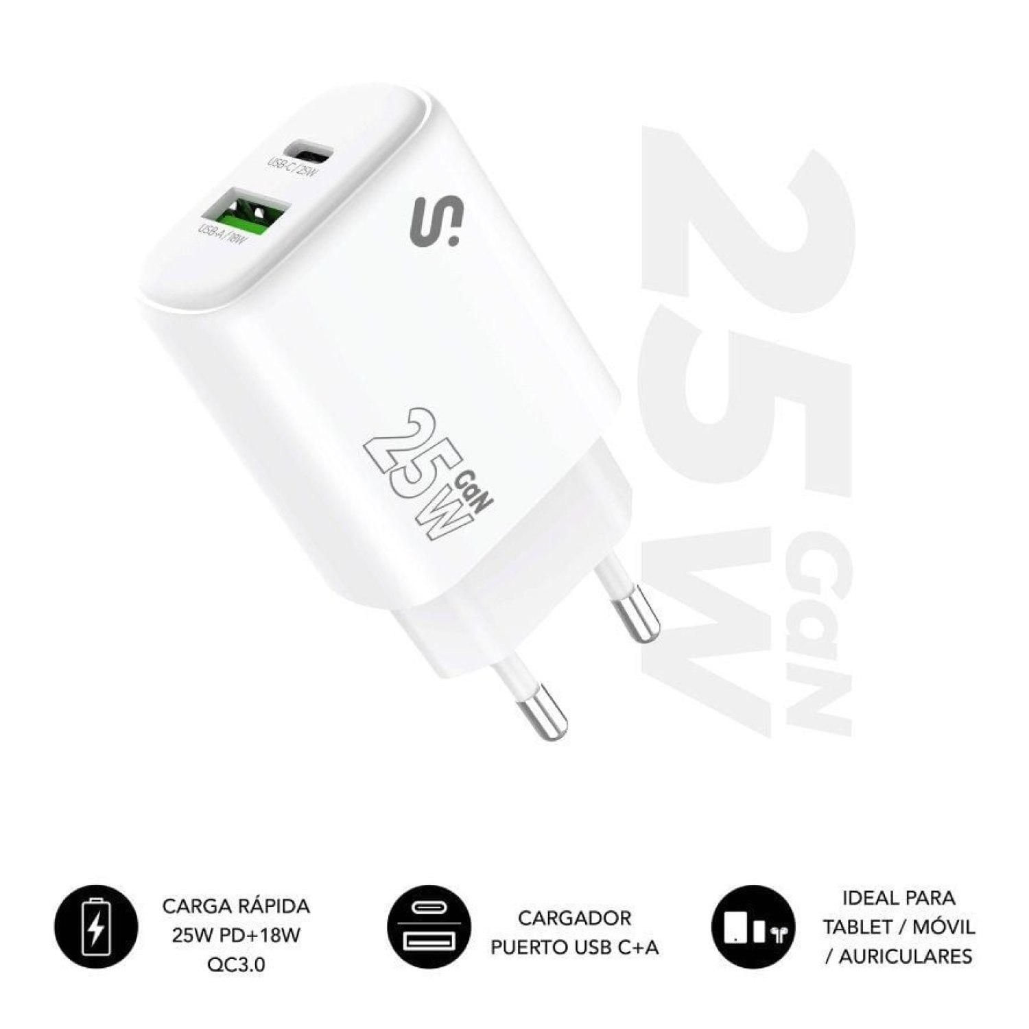 Subblim · Cargador GaN 25W · USB-C + USB-A · Carga Rápida