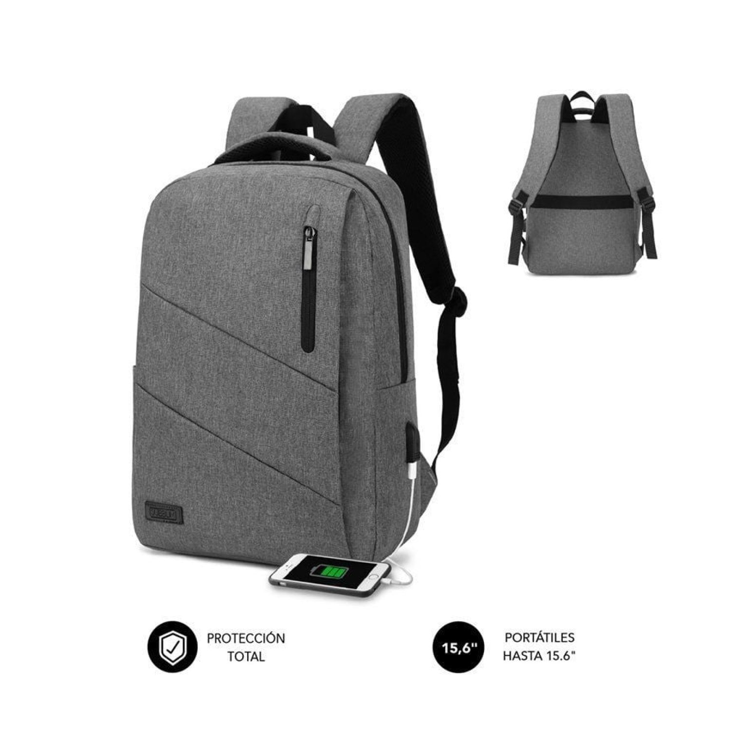Subblim City Backpack · Mochila para Portátil · 15,6" · Puerto USB · Gris