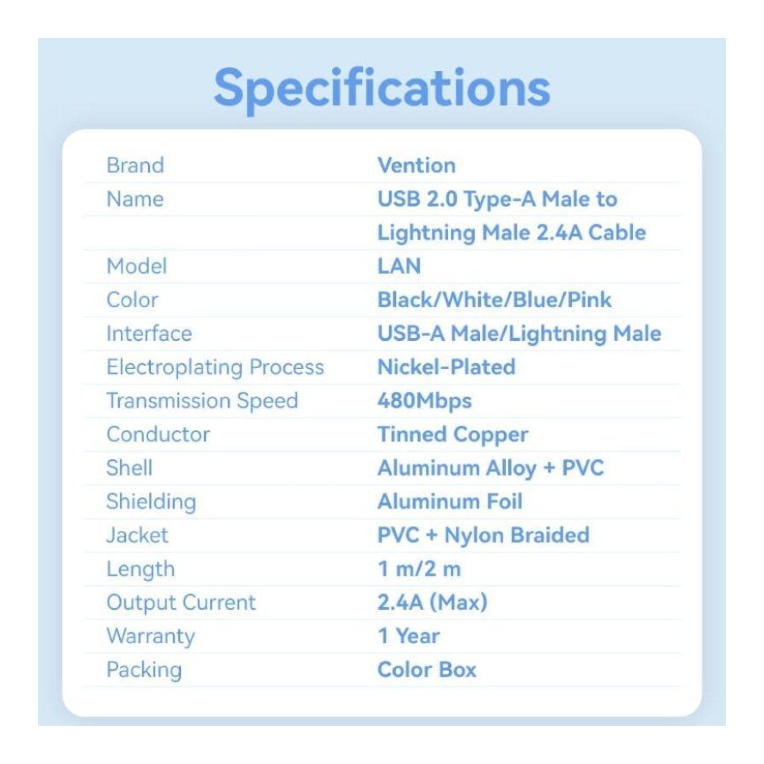 Vention Cable USB Lightning · 1m · 480Mbps · Blanco