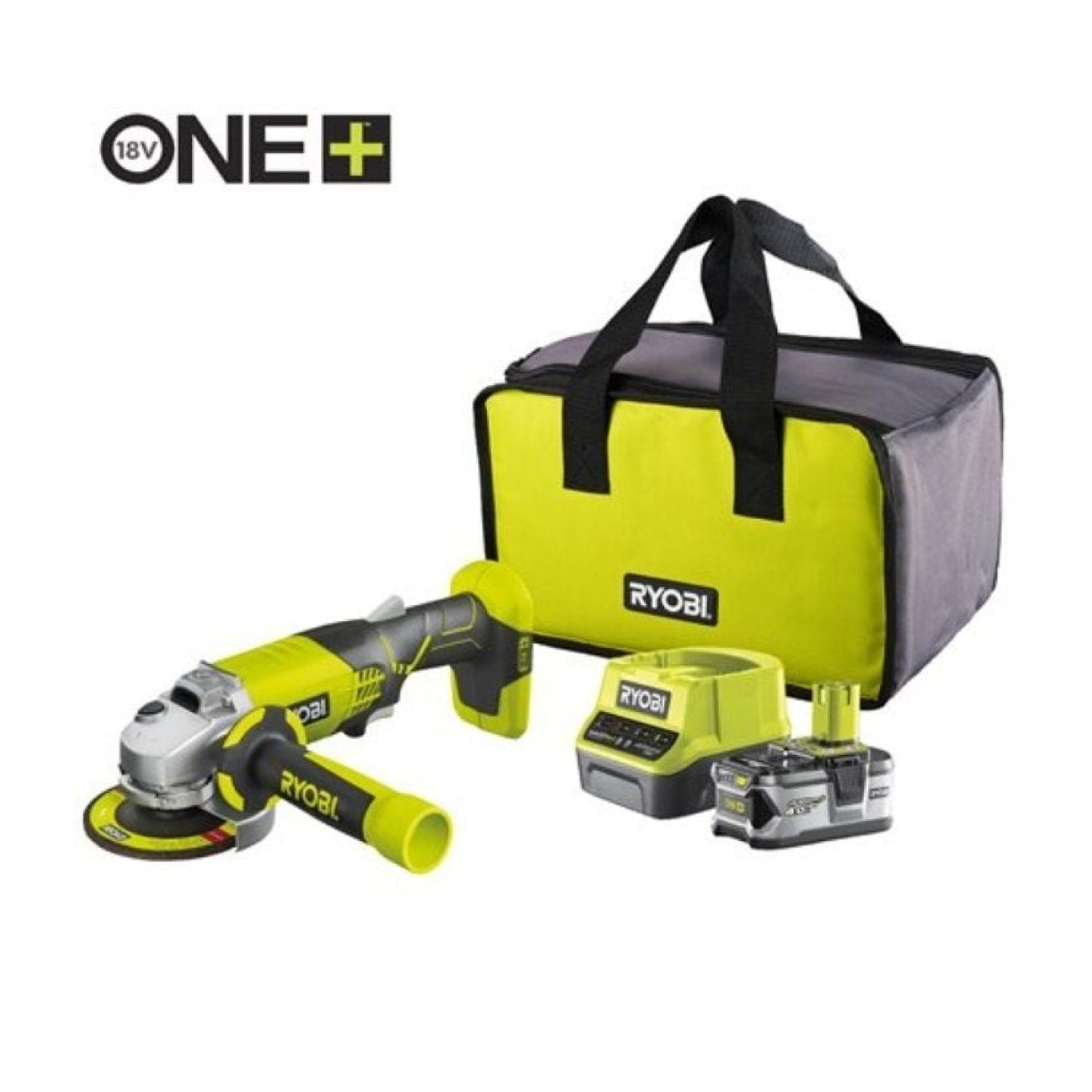 Ryobi ONE+ · Amoladora Sin Cable 18V · Batería 4.0Ah · Cargador · Bolsa Transporte