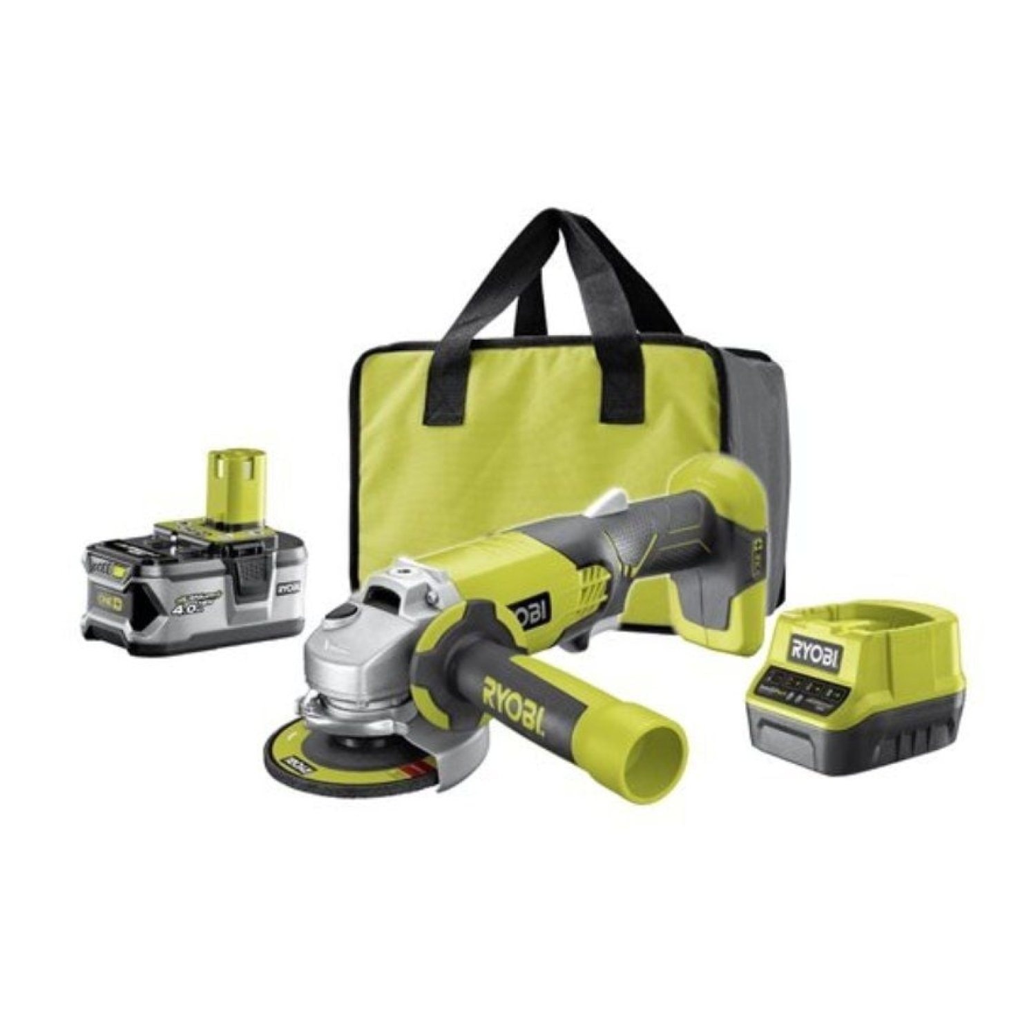 Ryobi ONE+ · Amoladora Sin Cable 18V · Batería 4.0Ah · Cargador · Bolsa Transporte