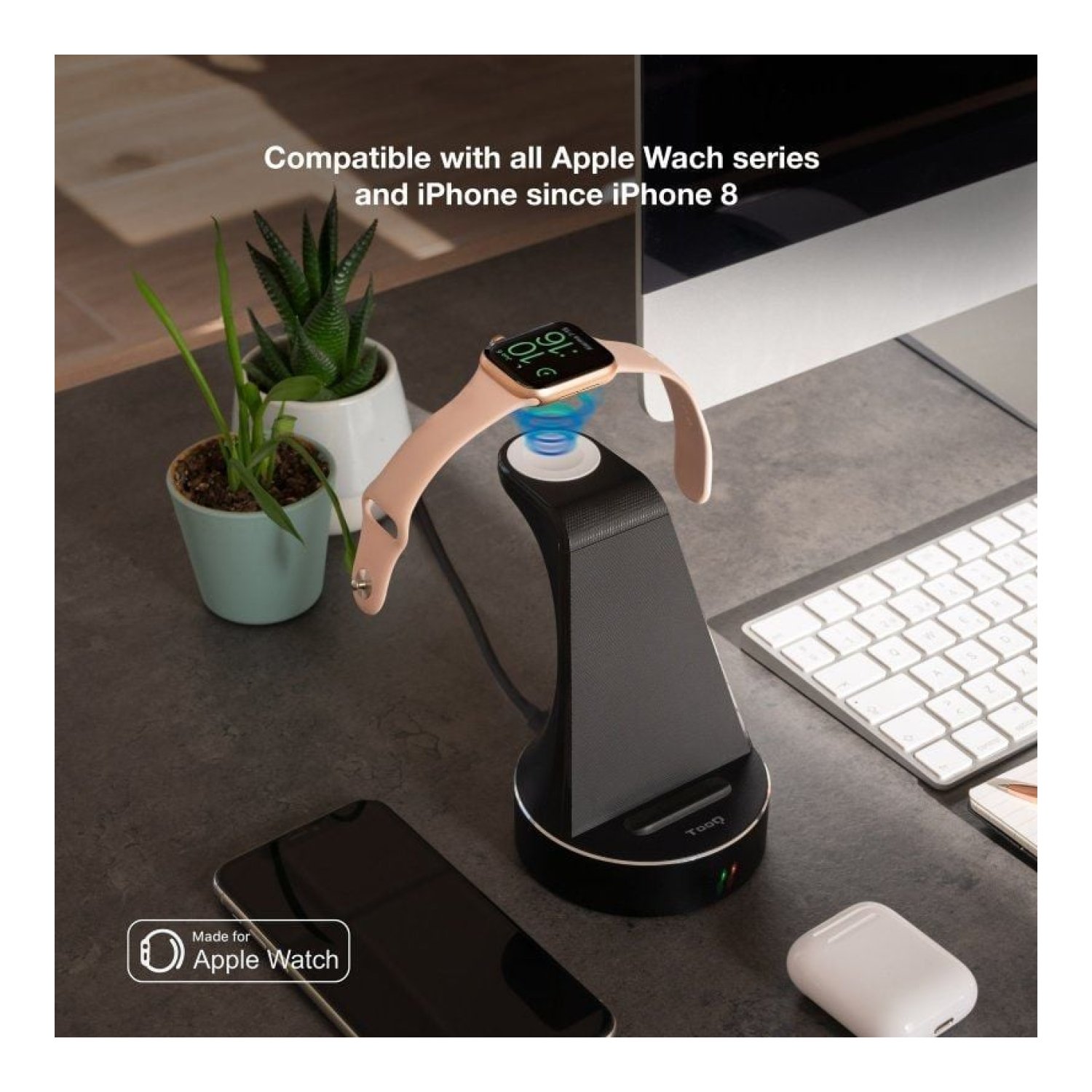 Tooq TQCD02W · Base de Carga Inalámbrica · Apple Watch + iPhone + Smartphone