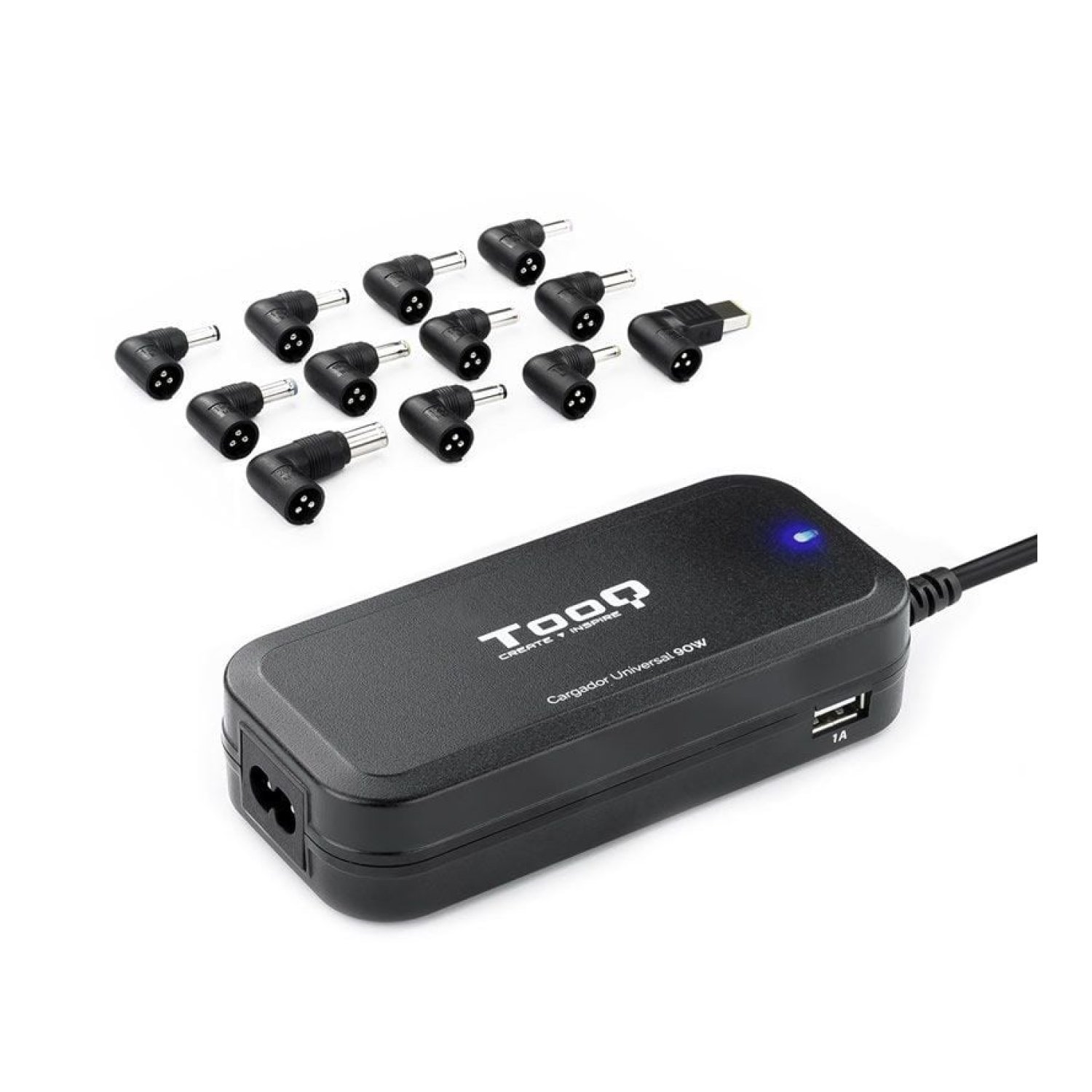 TooQ Cargador Portátil · 90W · 2x USB · 12 Conectores · 12-20V