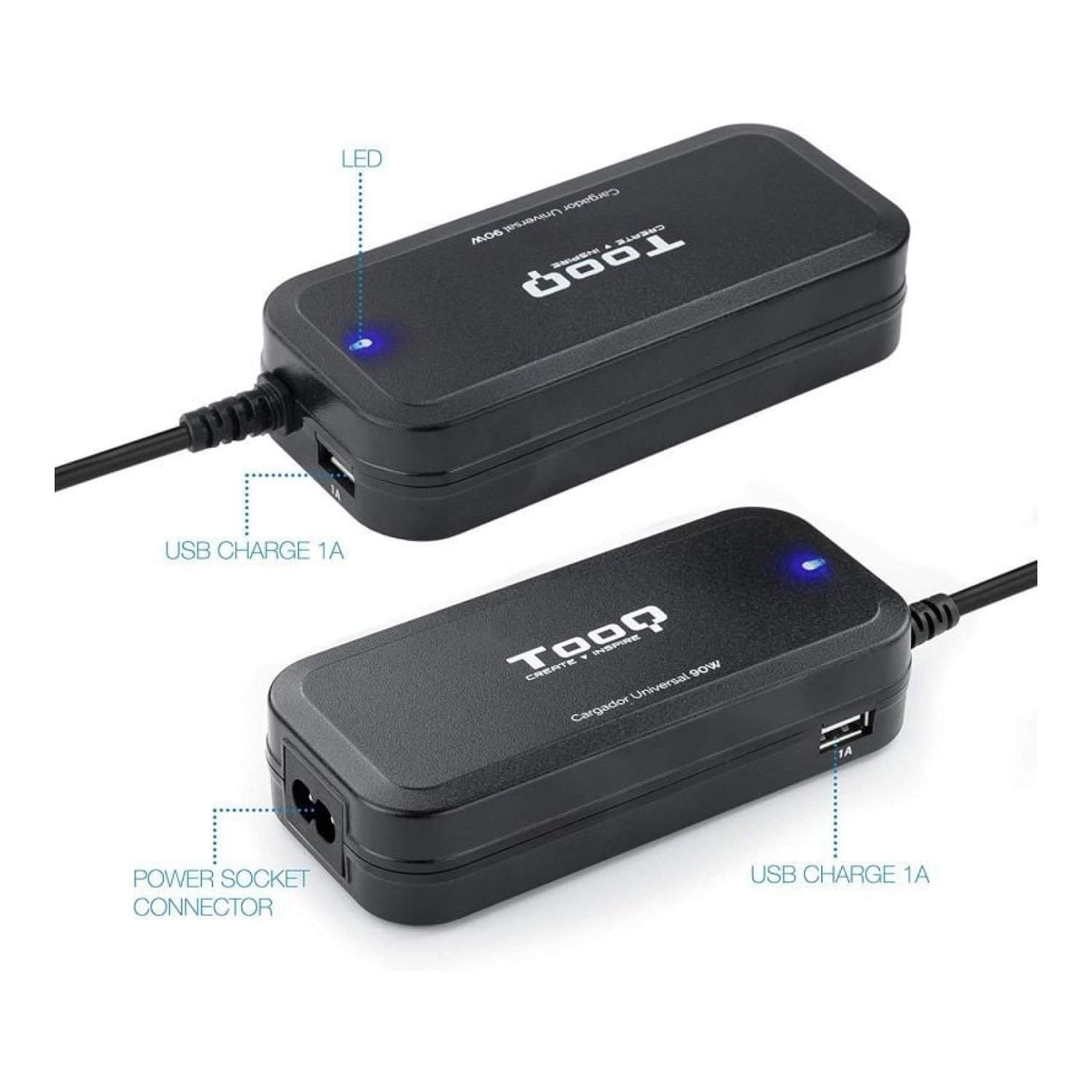 TooQ Cargador Portátil · 90W · 2x USB · 12 Conectores · 12-20V