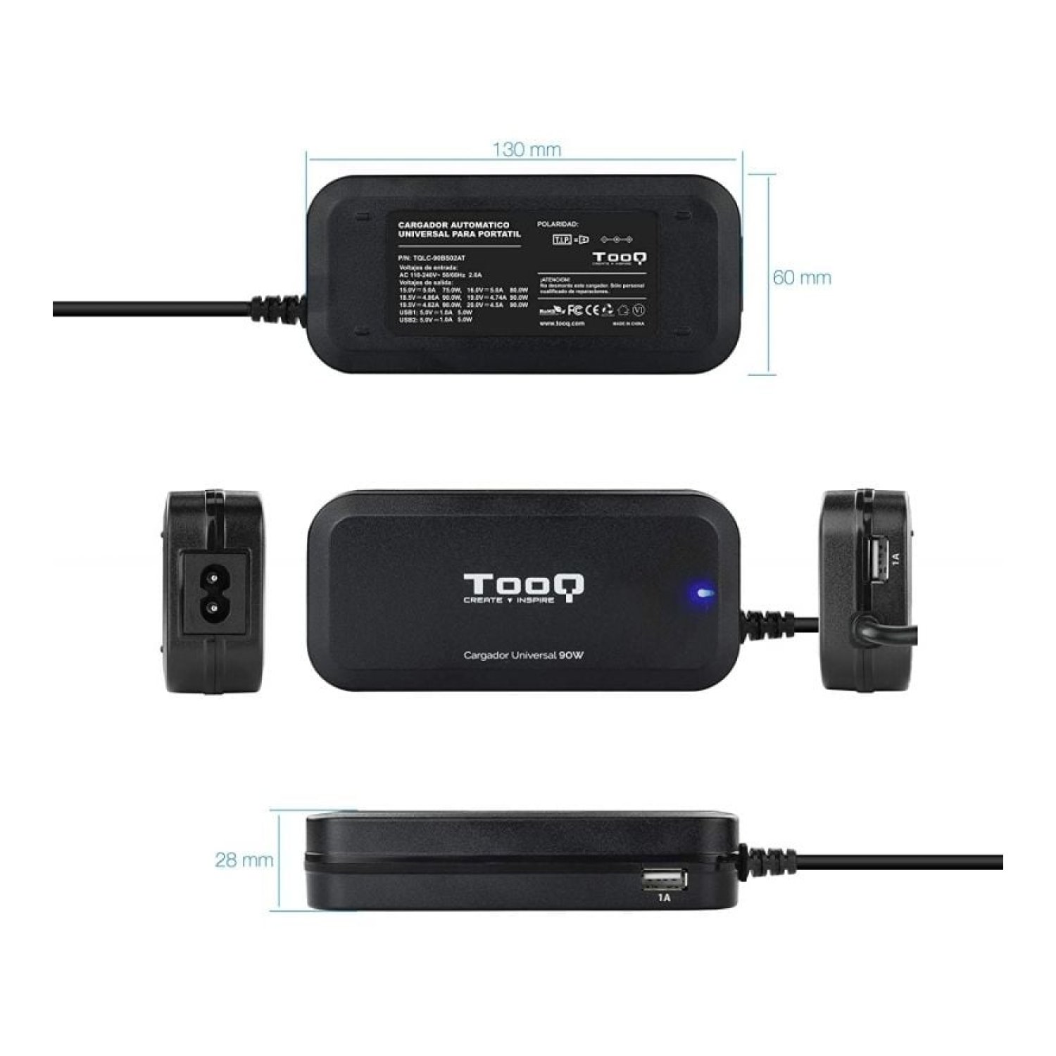 TooQ Cargador Portátil · 90W · 2x USB · 12 Conectores · 12-20V