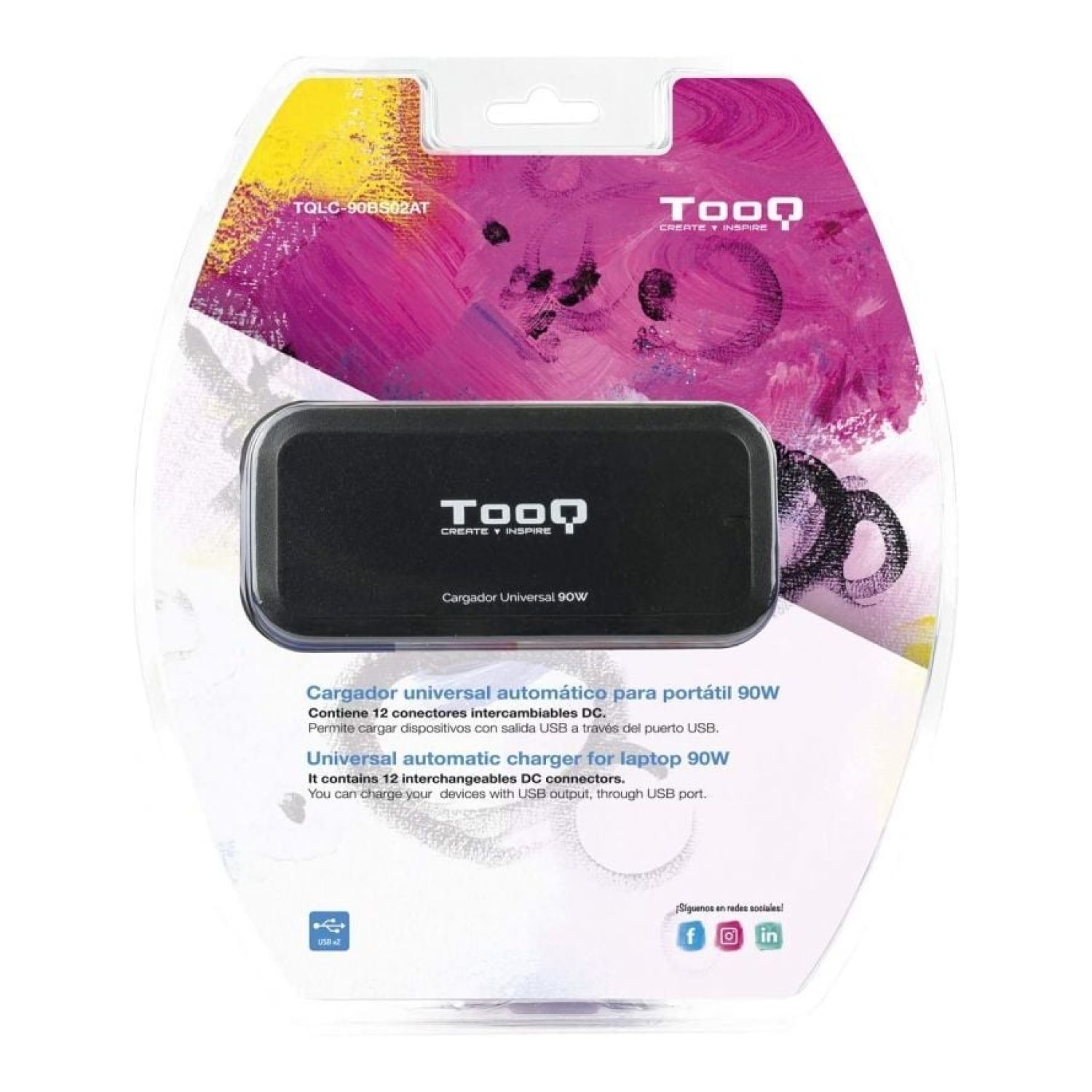 TooQ Cargador Portátil · 90W · 2x USB · 12 Conectores · 12-20V