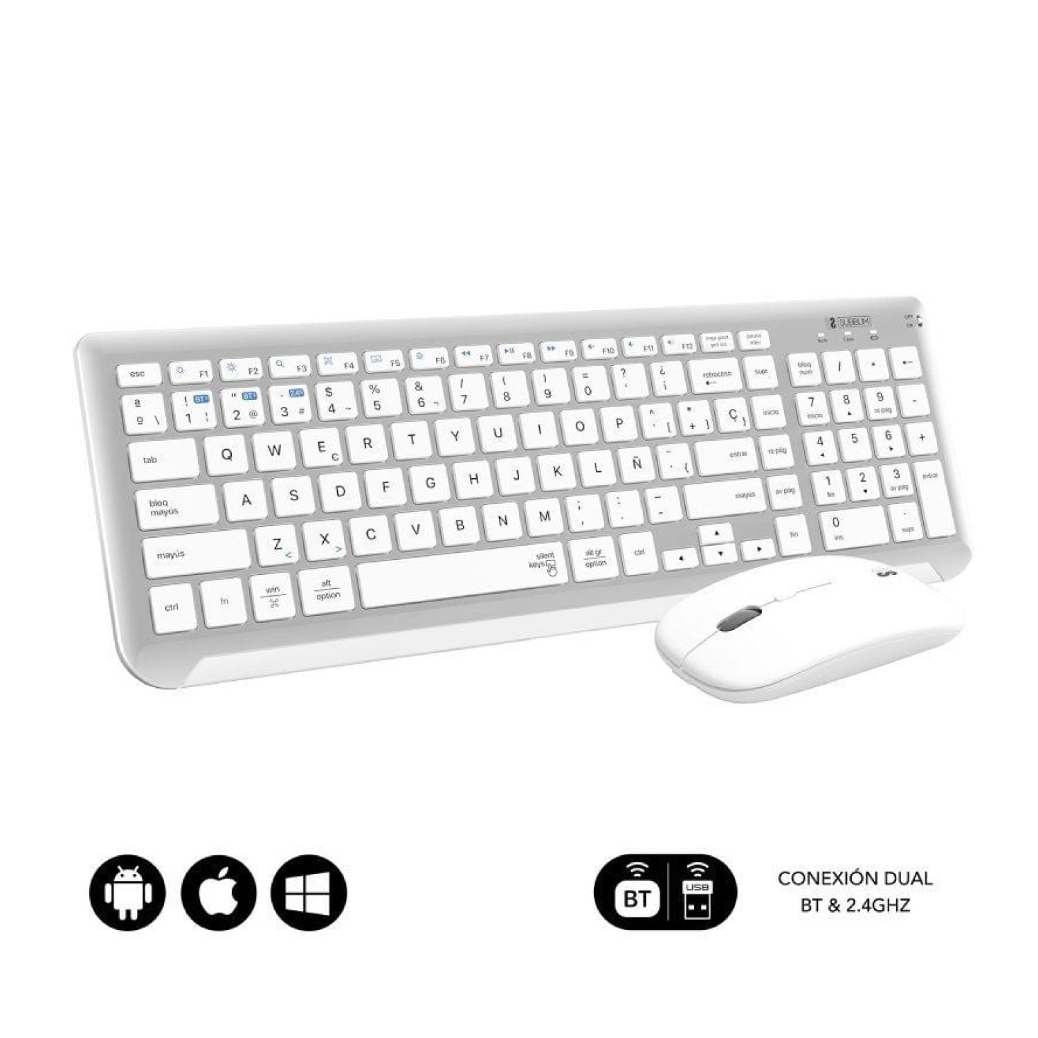 Subblim Combo Dual Prestige Extendido · Teclado y Ratón Inalámbrico · Blanco y Plata