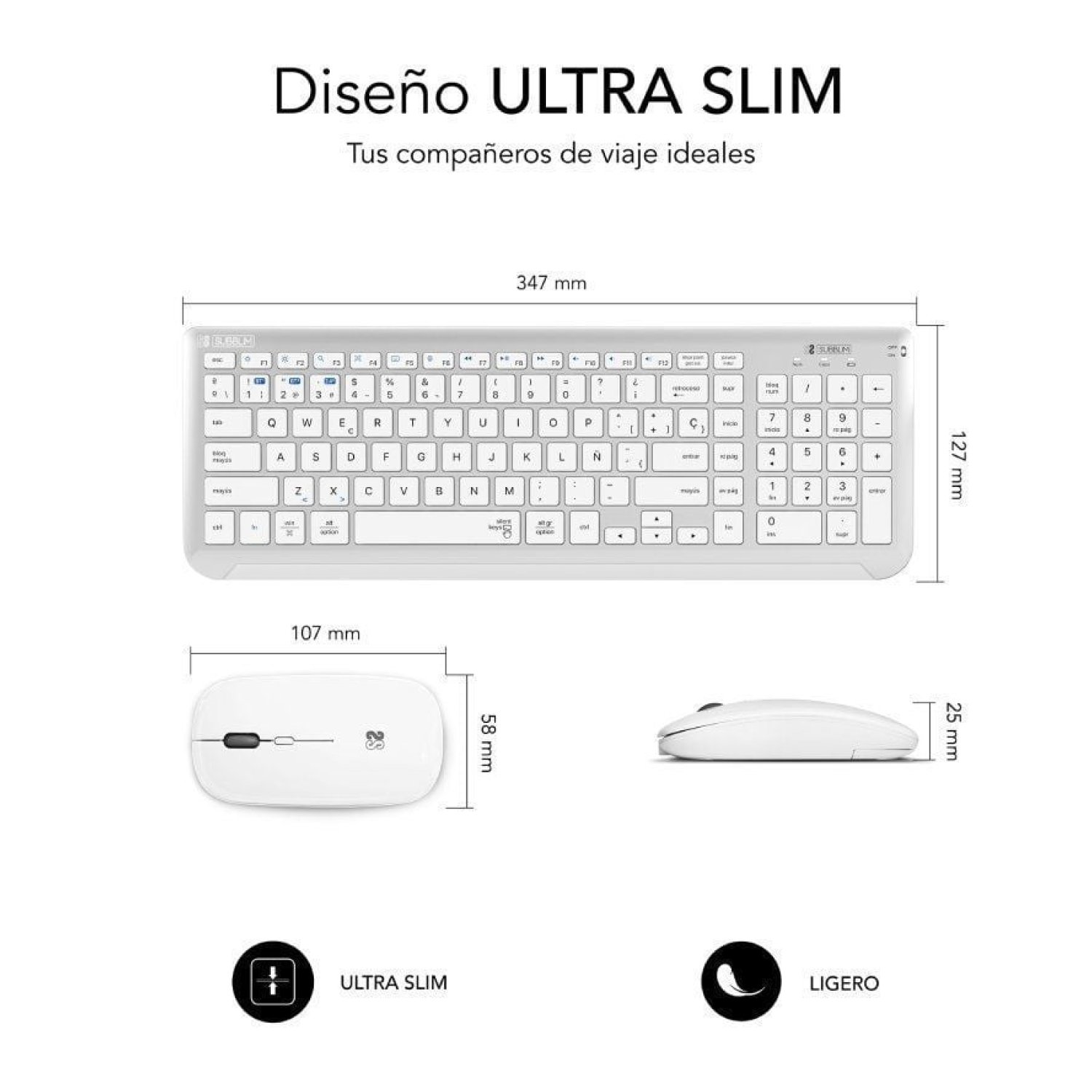 Subblim Combo Dual Prestige Extendido · Teclado y Ratón Inalámbrico · Blanco y Plata