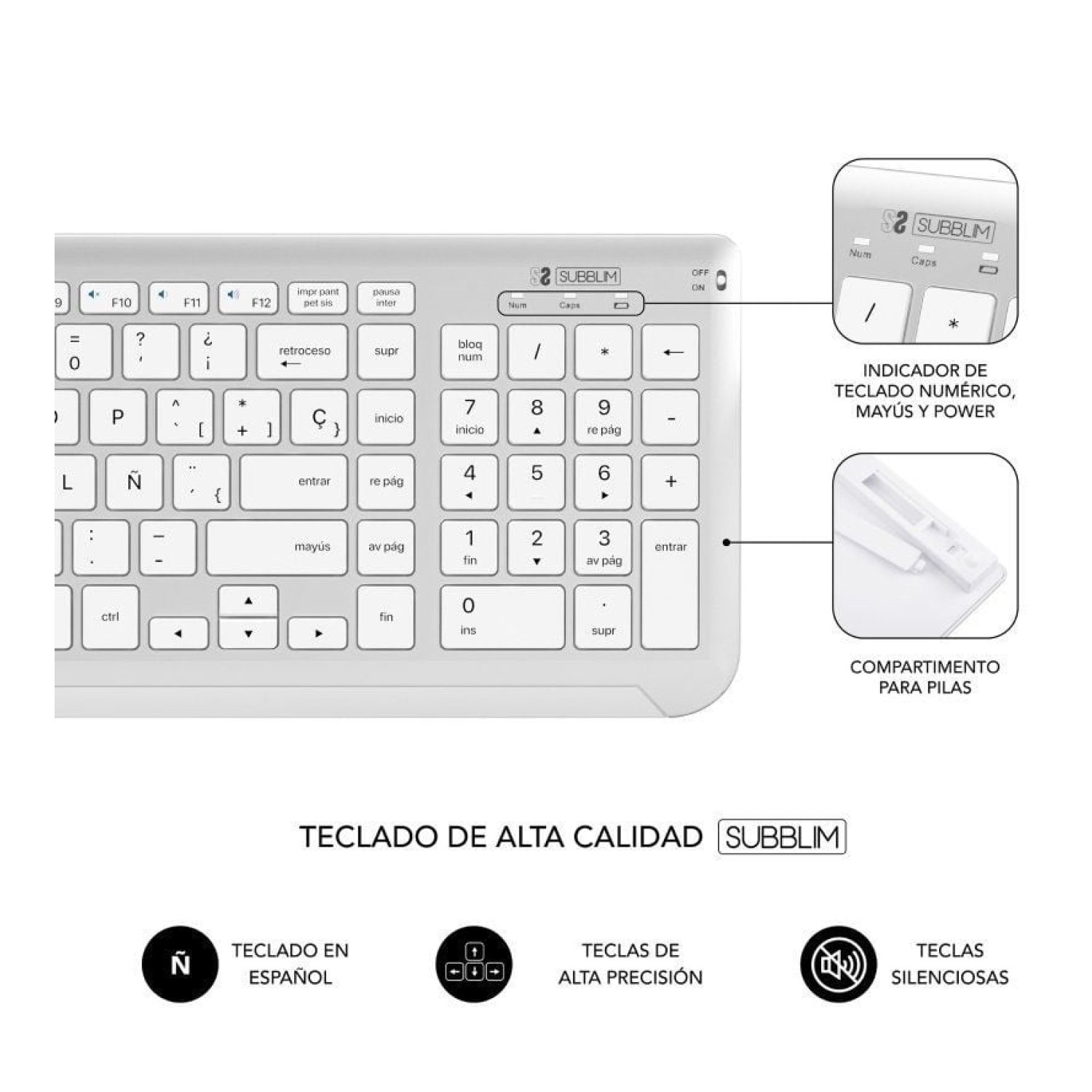 Subblim Combo Dual Prestige Extendido · Teclado y Ratón Inalámbrico · Blanco y Plata