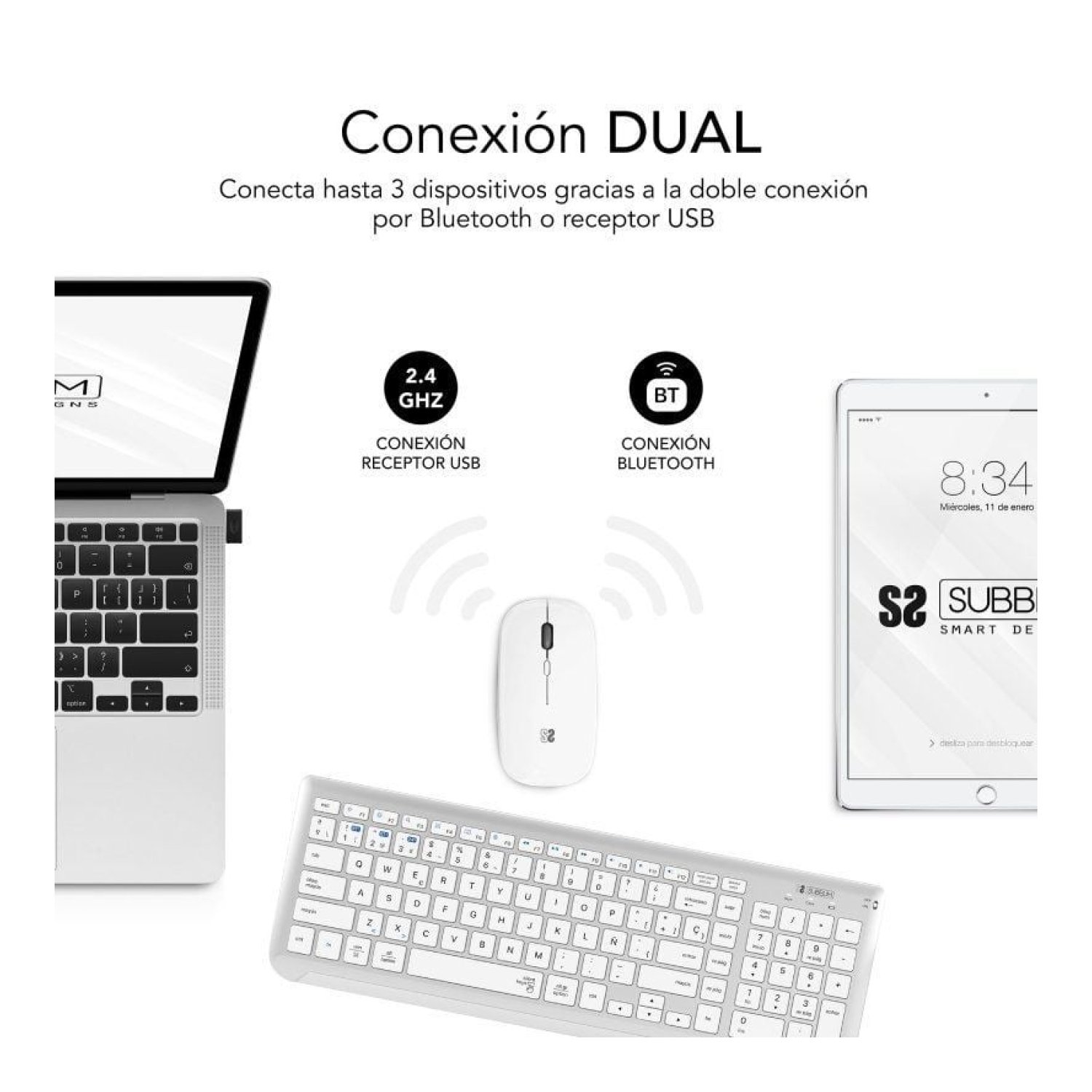 Subblim Combo Dual Prestige Extendido · Teclado y Ratón Inalámbrico · Blanco y Plata