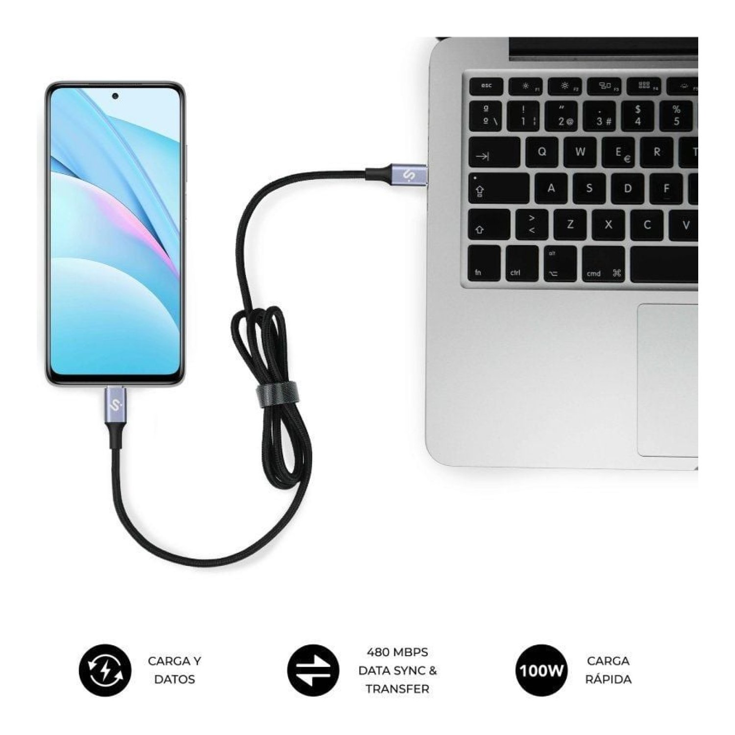 Subblim · Cable USB Tipo-C · 2m · 100W · 480Mbps · Negro