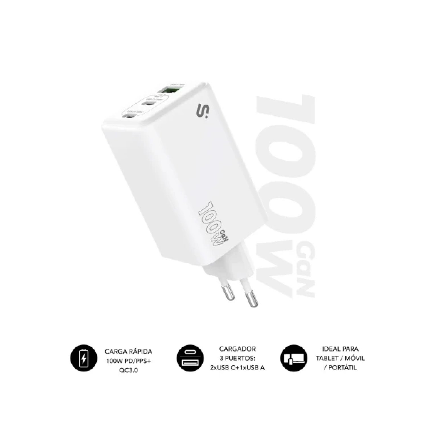 Subblim Cargador GaN 100W · 2xUSB-C + 1xUSB-A · Carga Rápida