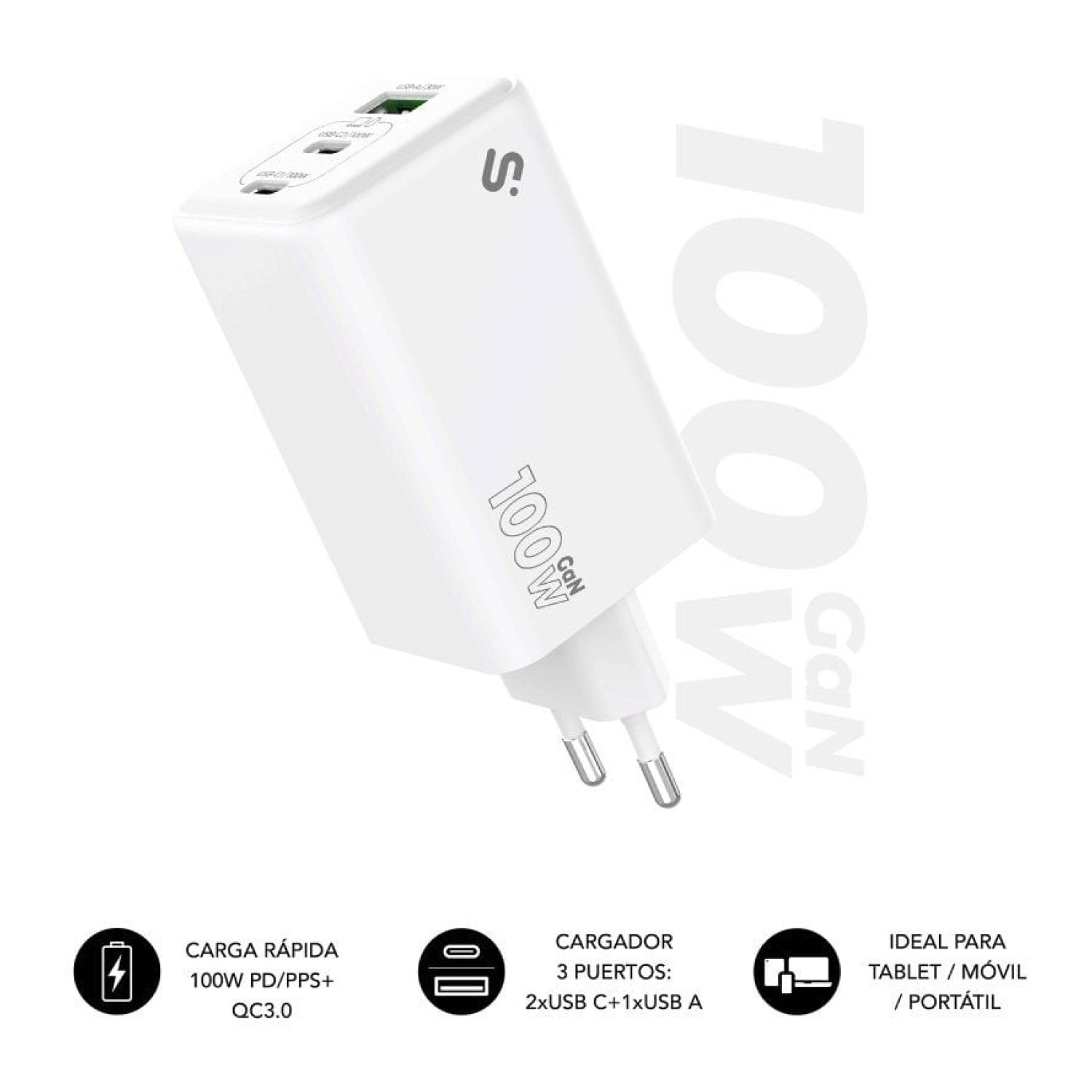 Subblim Cargador GaN 100W · 2xUSB-C + 1xUSB-A · Carga Rápida