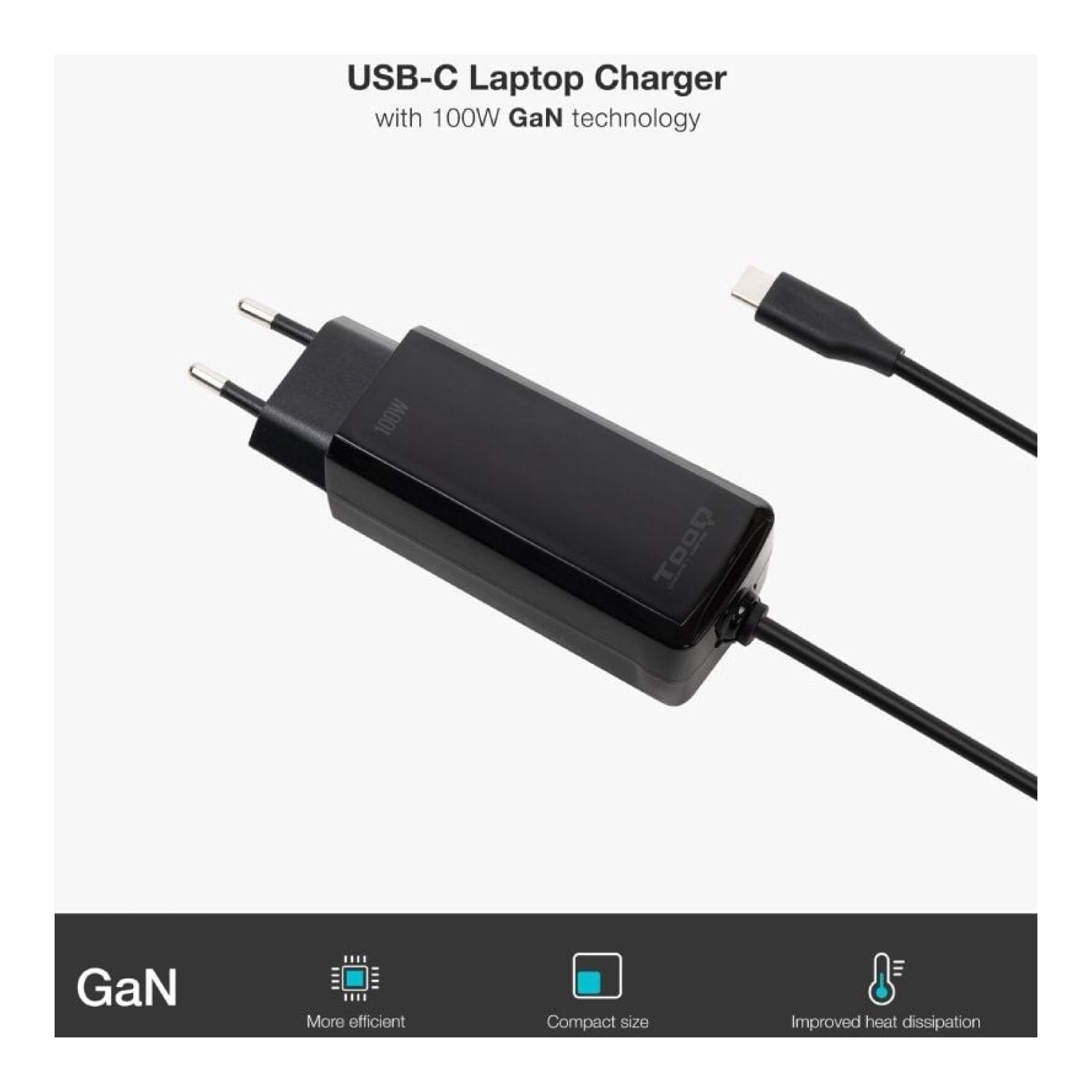 TooQ Cargador Portátil GaN · USB Tipo-C · 100W · 5-20V · Carga Rápida