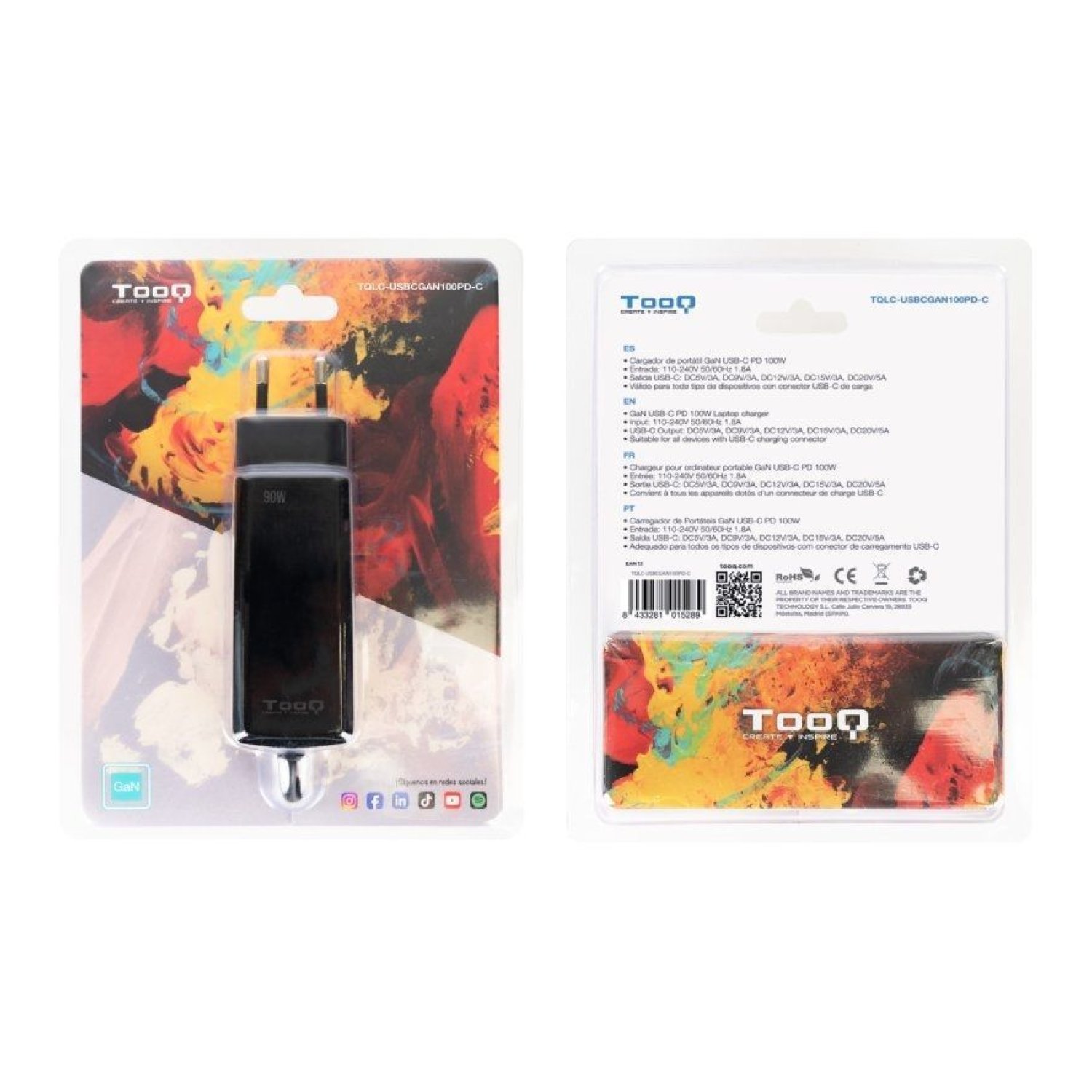 TooQ Cargador Portátil GaN · USB Tipo-C · 100W · 5-20V · Carga Rápida