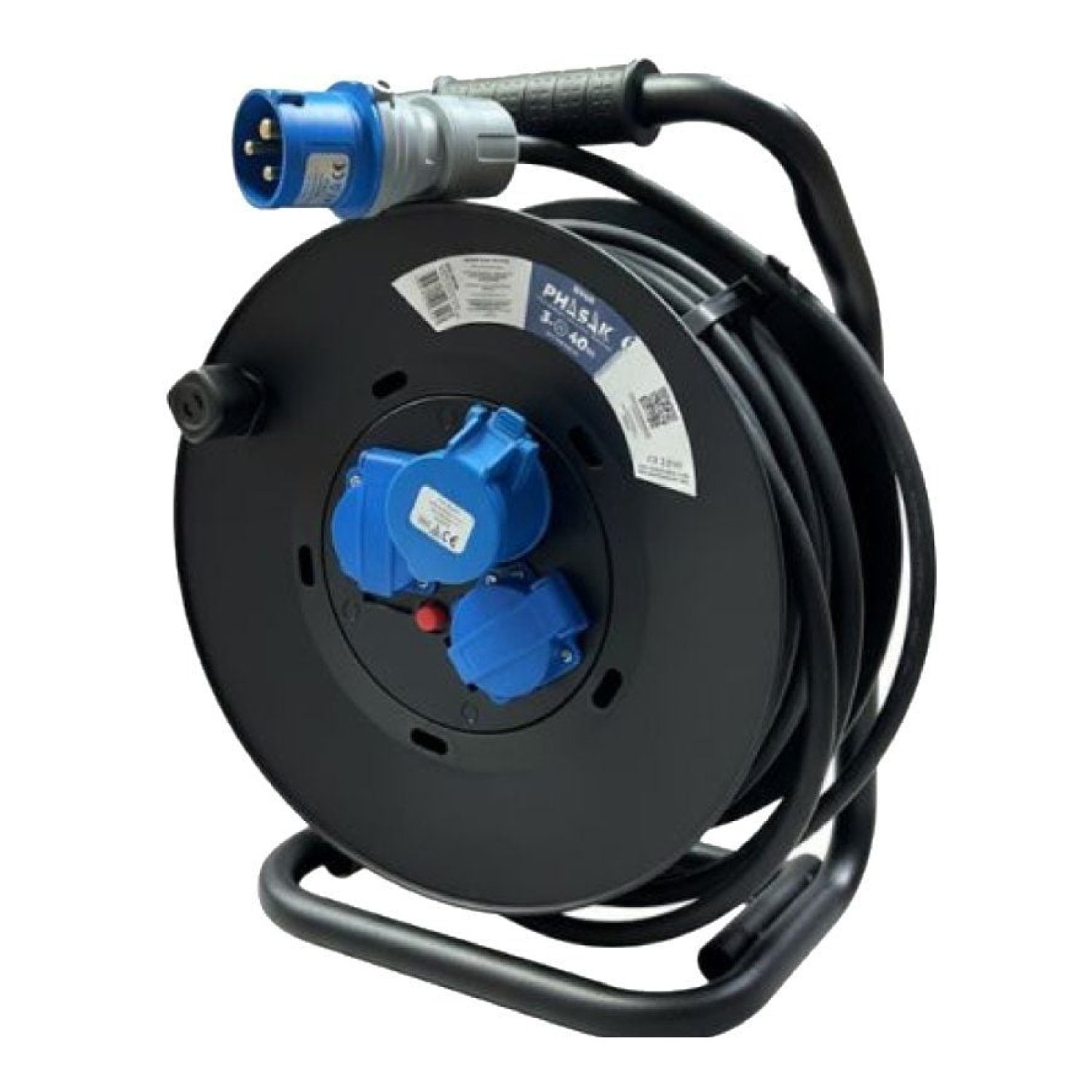 Phasak · Regleta Enrollable · 2 Tomas + Enchufe Industrial · Cable 40m · Negro/Azul