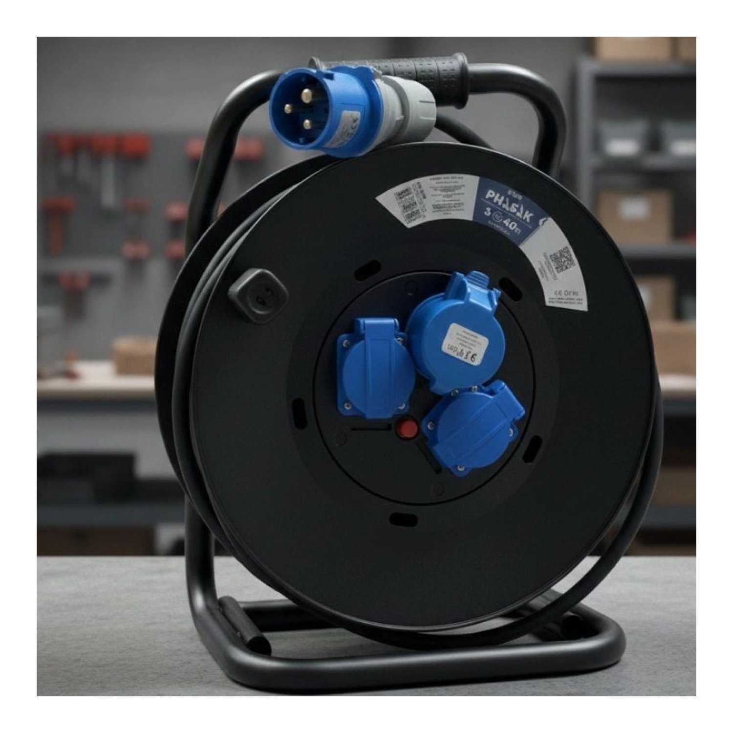 Phasak · Regleta Enrollable · 2 Tomas + Enchufe Industrial · Cable 40m · Negro/Azul