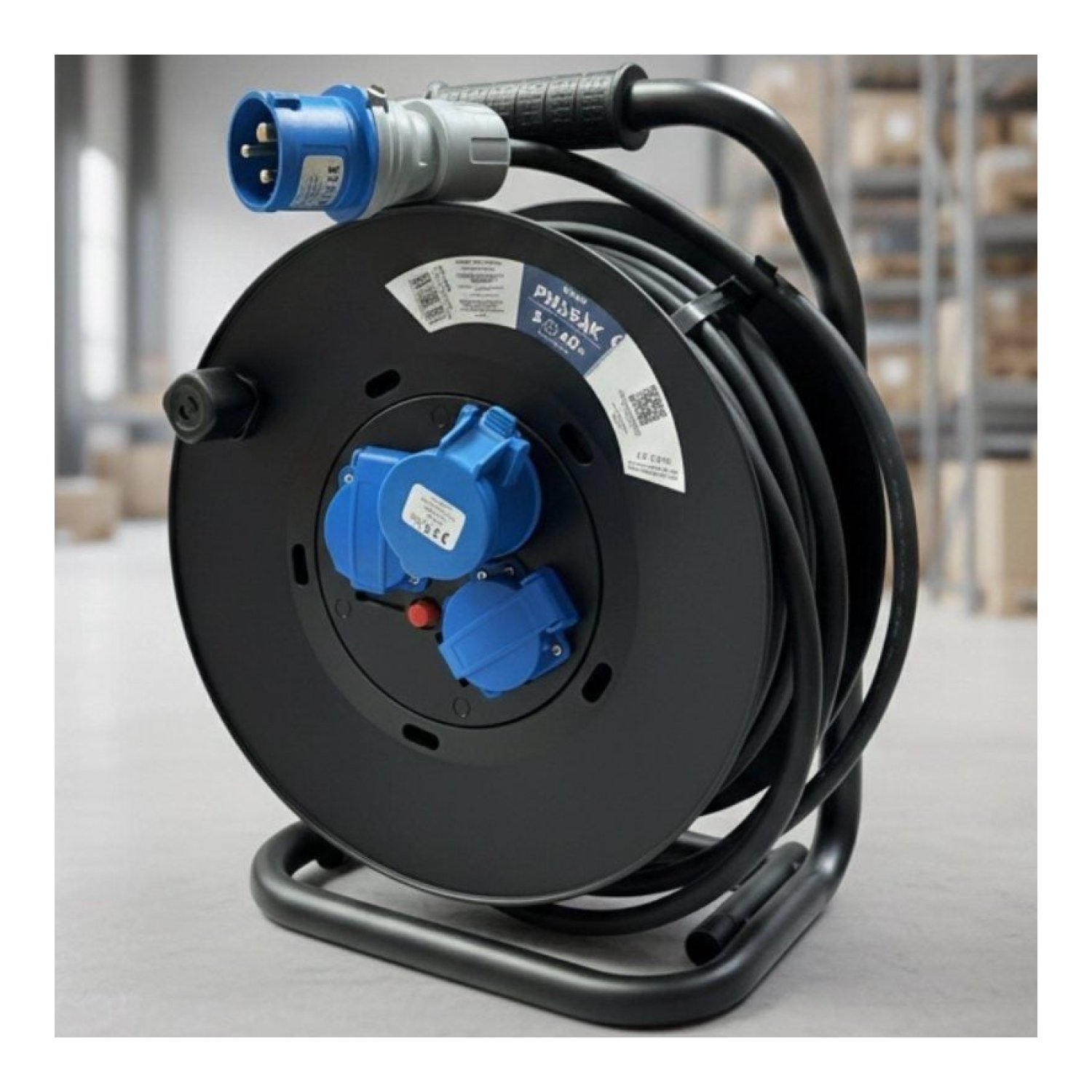Phasak · Regleta Enrollable · 2 Tomas + Enchufe Industrial · Cable 40m · Negro/Azul