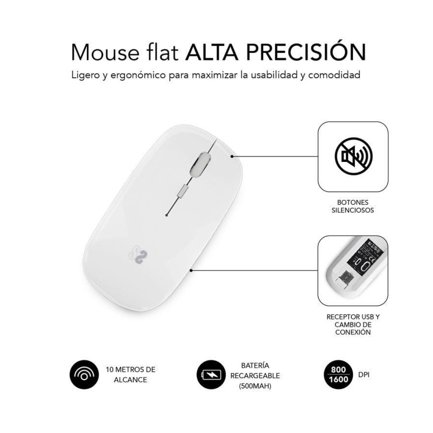 Subblim Dual Flat · Ratón Inalámbrico · 1600 DPI · Batería Recargable · Blanco