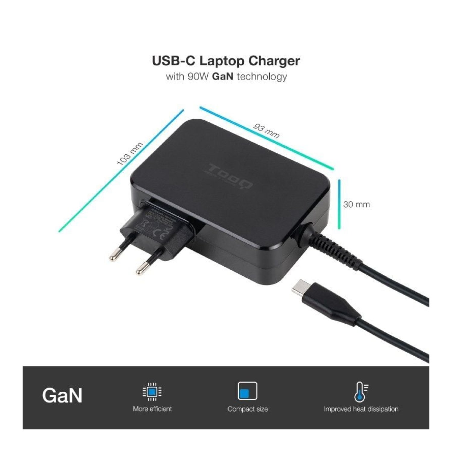 TooQ Cargador GaN · USB-C · 90W · Carga Rápida · 5-20V Automático