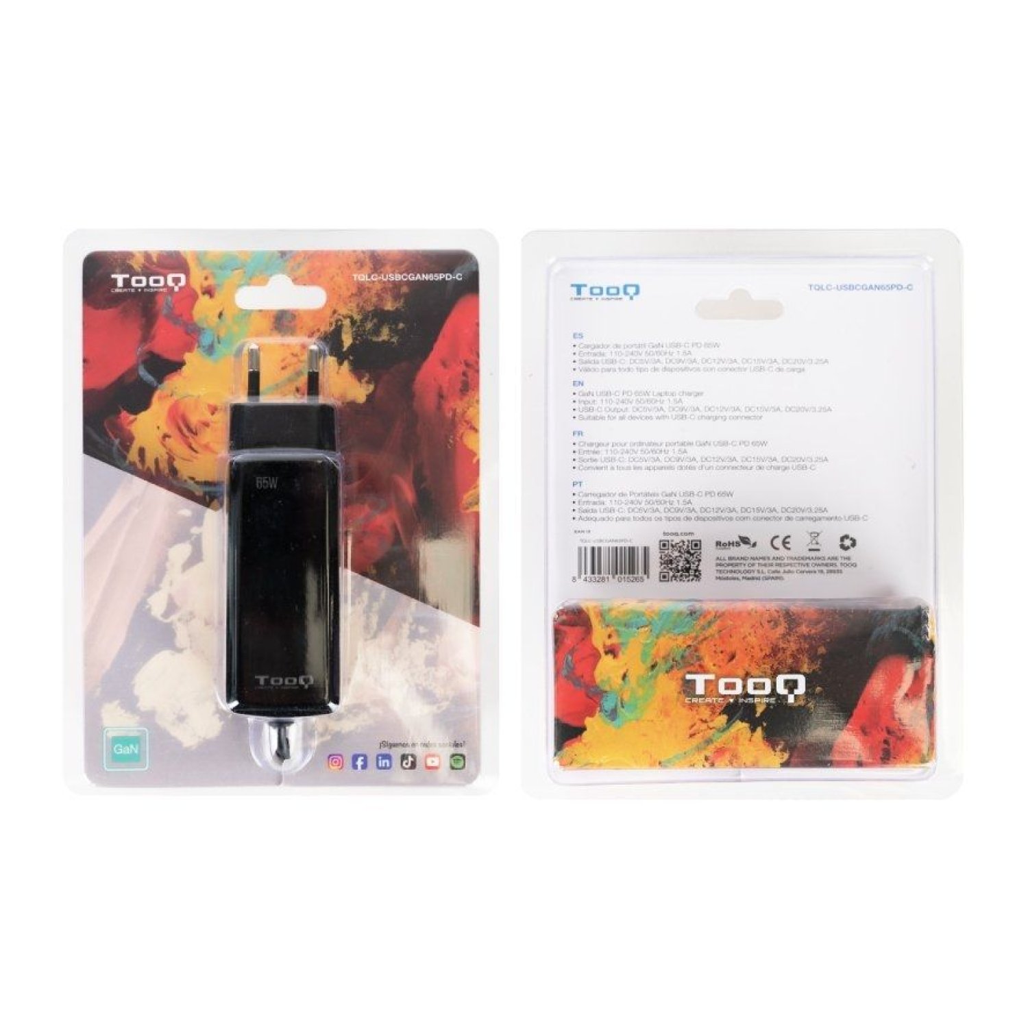 TooQ Cargador GaN · USB Tipo-C · 65W · 5-20V Automático