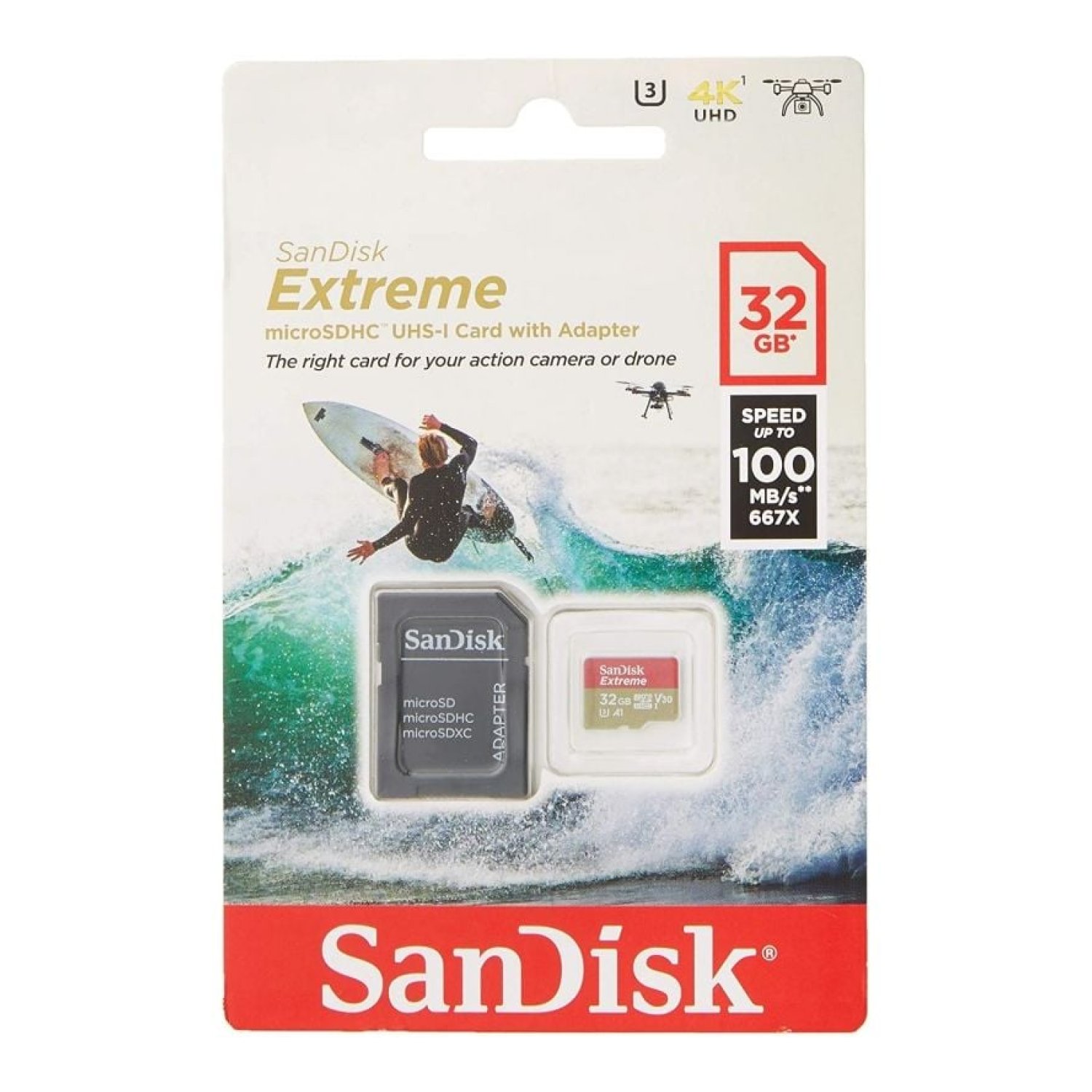 SanDisk Extreme · 32GB microSD HC · UHS-I · Clase 10 · 100MB/s · Con adaptador