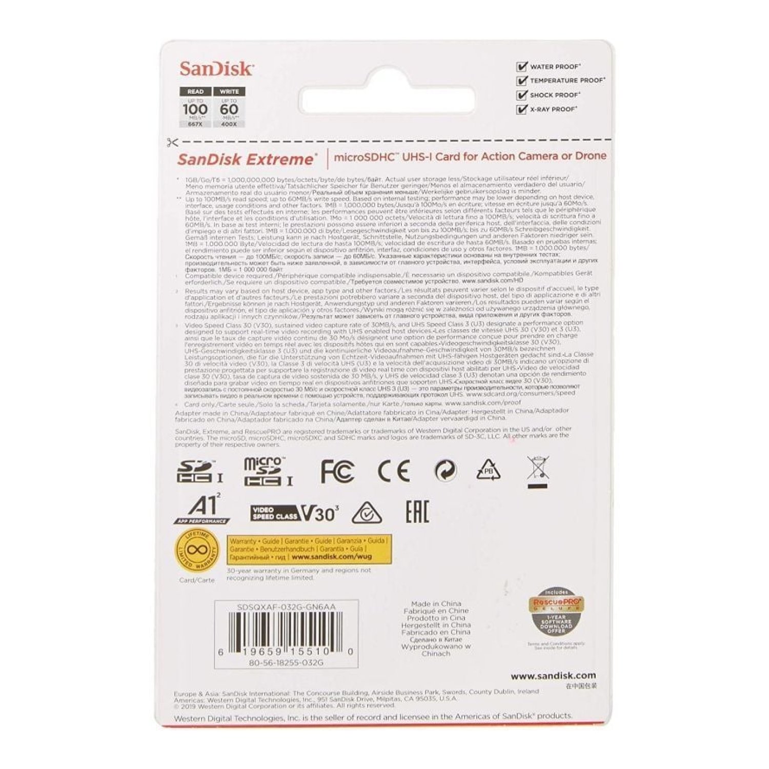SanDisk Extreme · 32GB microSD HC · UHS-I · Clase 10 · 100MB/s · Con adaptador