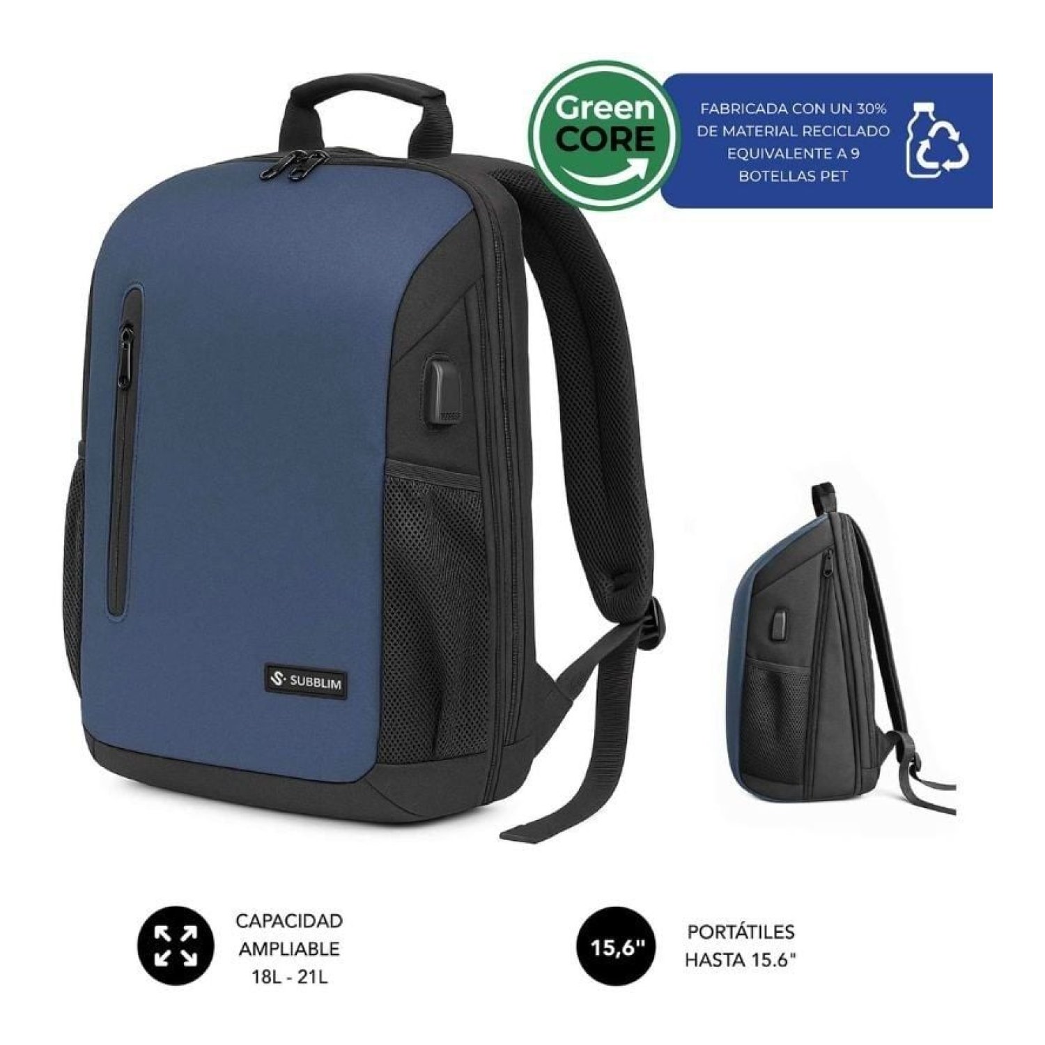 Subblim Xpand Air Padding · Mochila para Portátil · Hasta 15,6" · 21L · Puerto USB · Azul