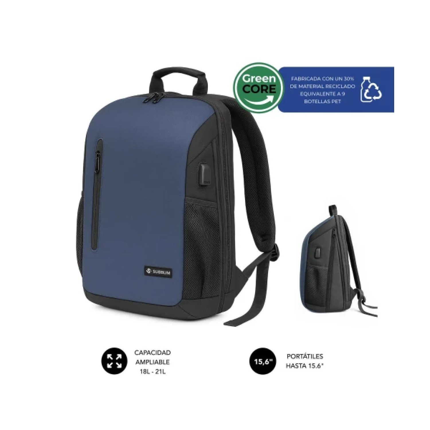 Subblim Xpand Air Padding · Mochila para Portátil · Hasta 15,6" · 21L · Puerto USB · Azul