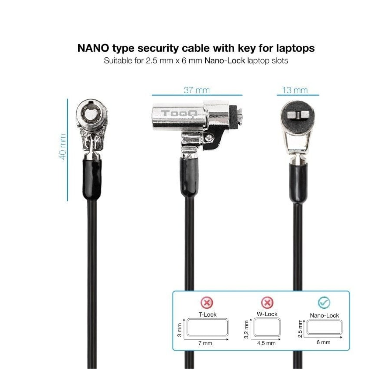 TooQ Cable de Seguridad NANO Portátil · 1,5m · Candado Incluido