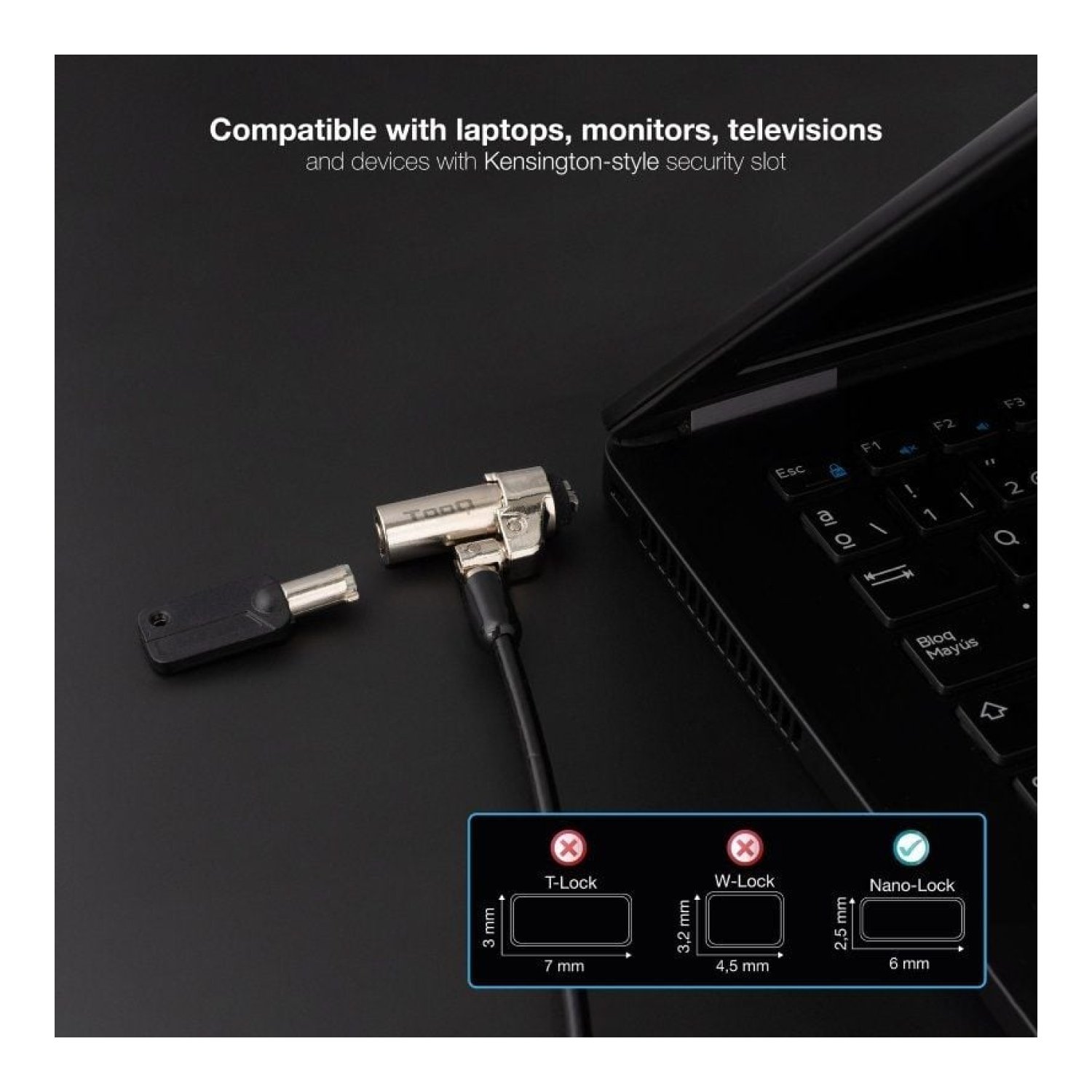 TooQ Cable de Seguridad NANO Portátil · 1,5m · Candado Incluido