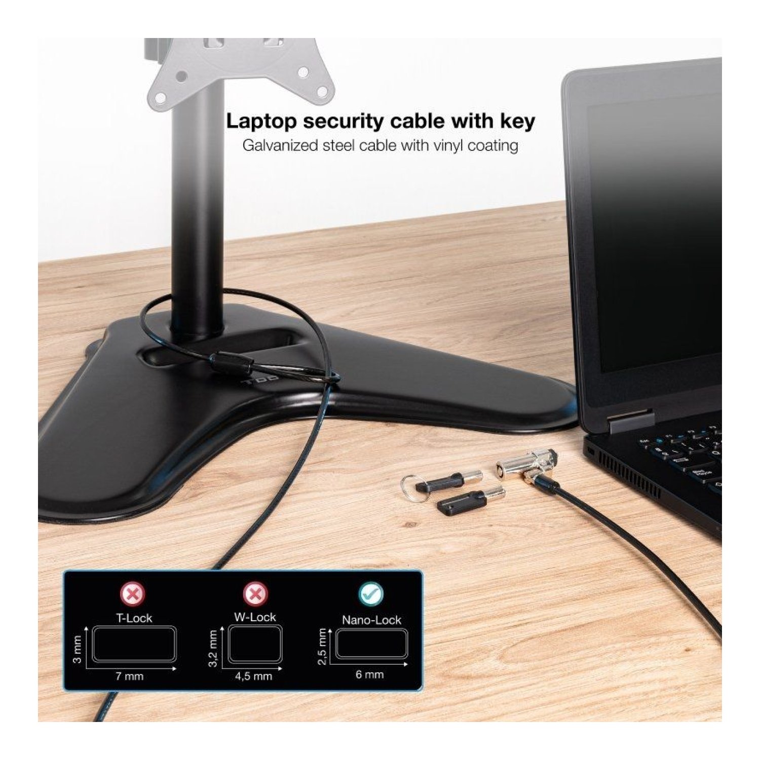 TooQ Cable de Seguridad NANO Portátil · 1,5m · Candado Incluido