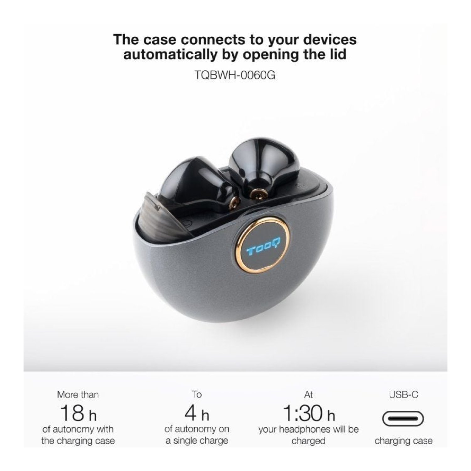 TooQ Snail · Auriculares Bluetooth · Estuche de carga · 4h autonomía · Gris y Negro