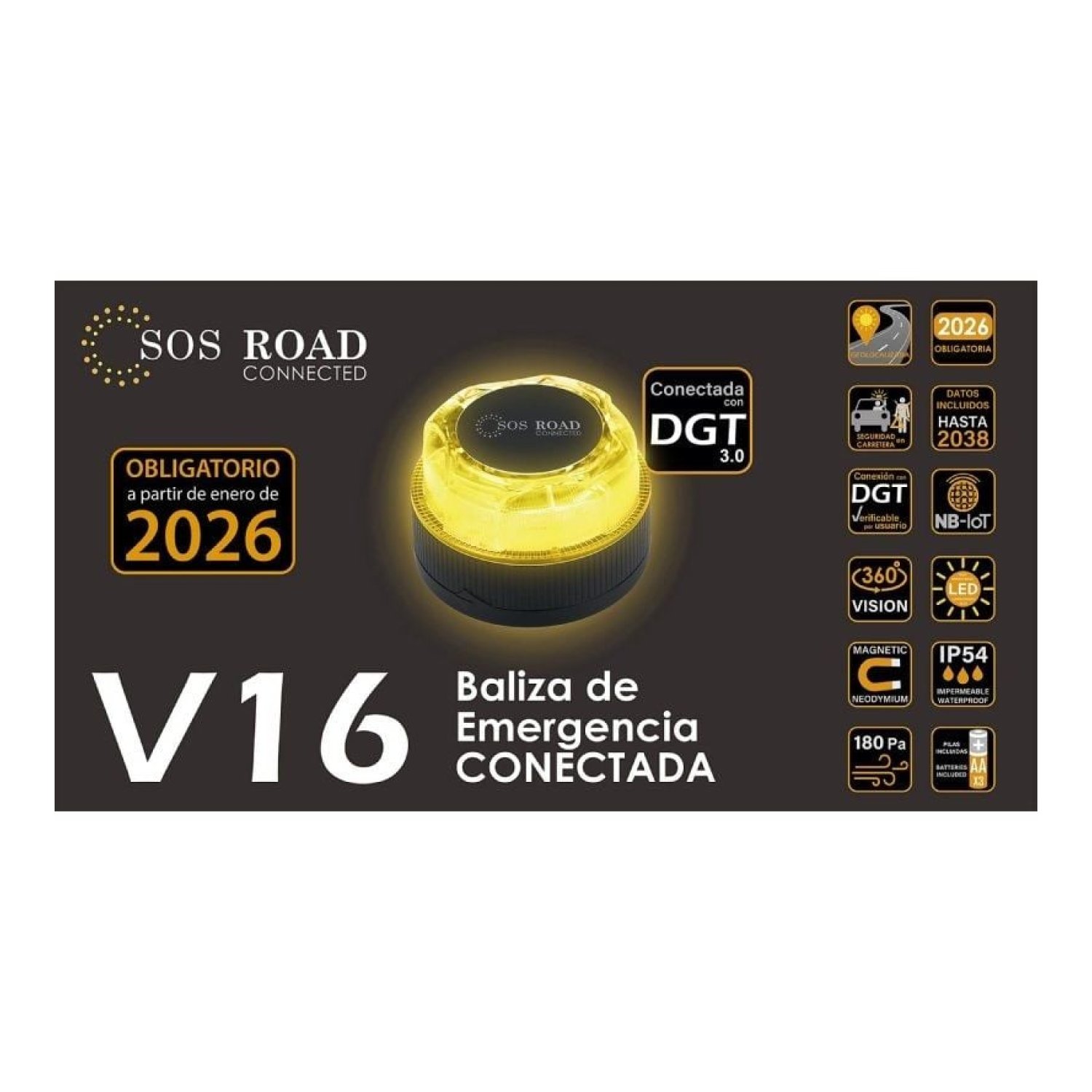 SOS Road Luz Baliza Emergencia EL2024 · Homologada · Geolocalizable · Base Imantada