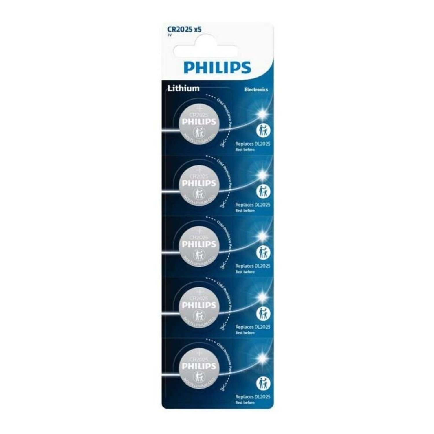 Philips CR2025 · Pack 5 Pilas de Botón · Lithium 3V