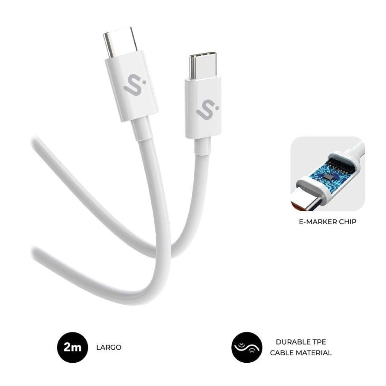 Subblim Cable Plus · USB Tipo-C Macho · 2m · 100W · 480Mbps · Blanco