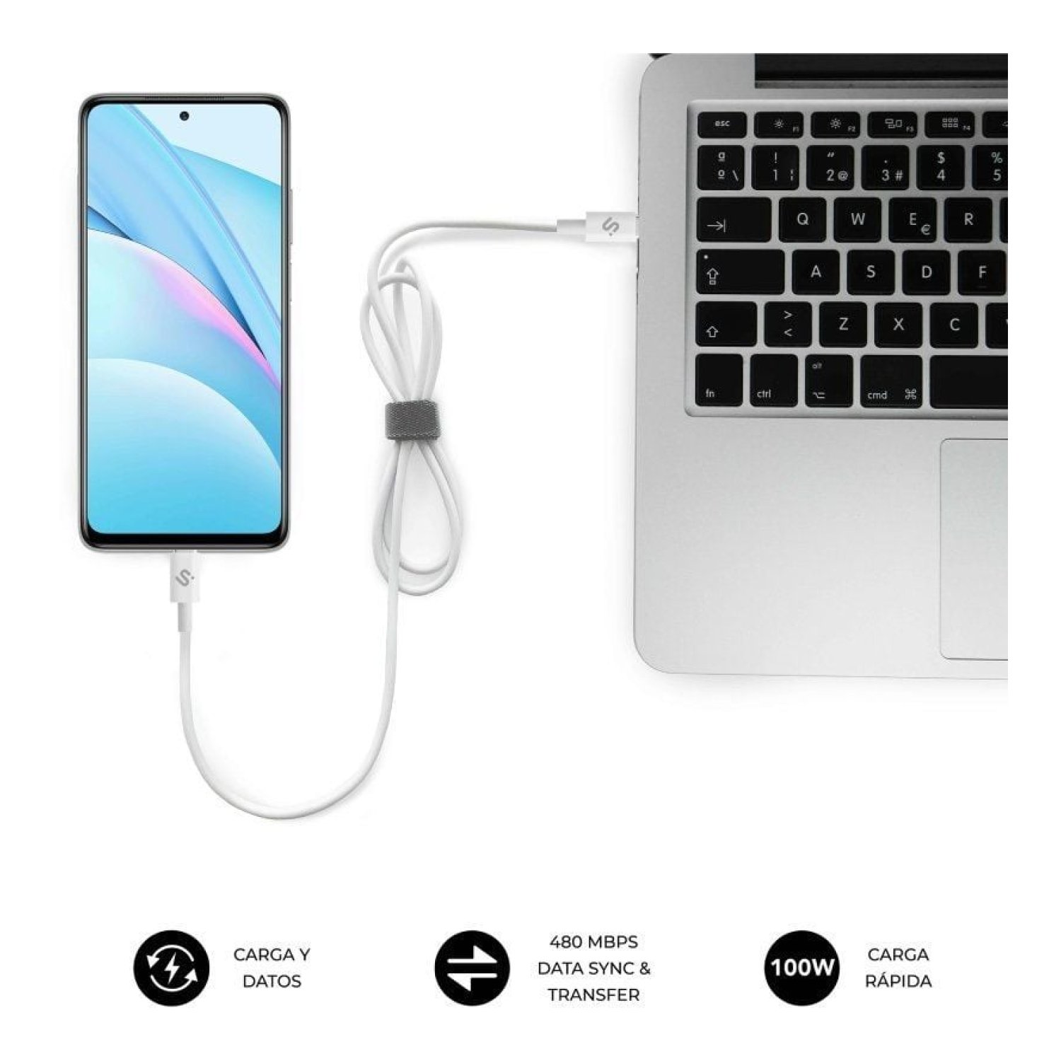 Subblim Cable Plus · USB Tipo-C Macho · 2m · 100W · 480Mbps · Blanco
