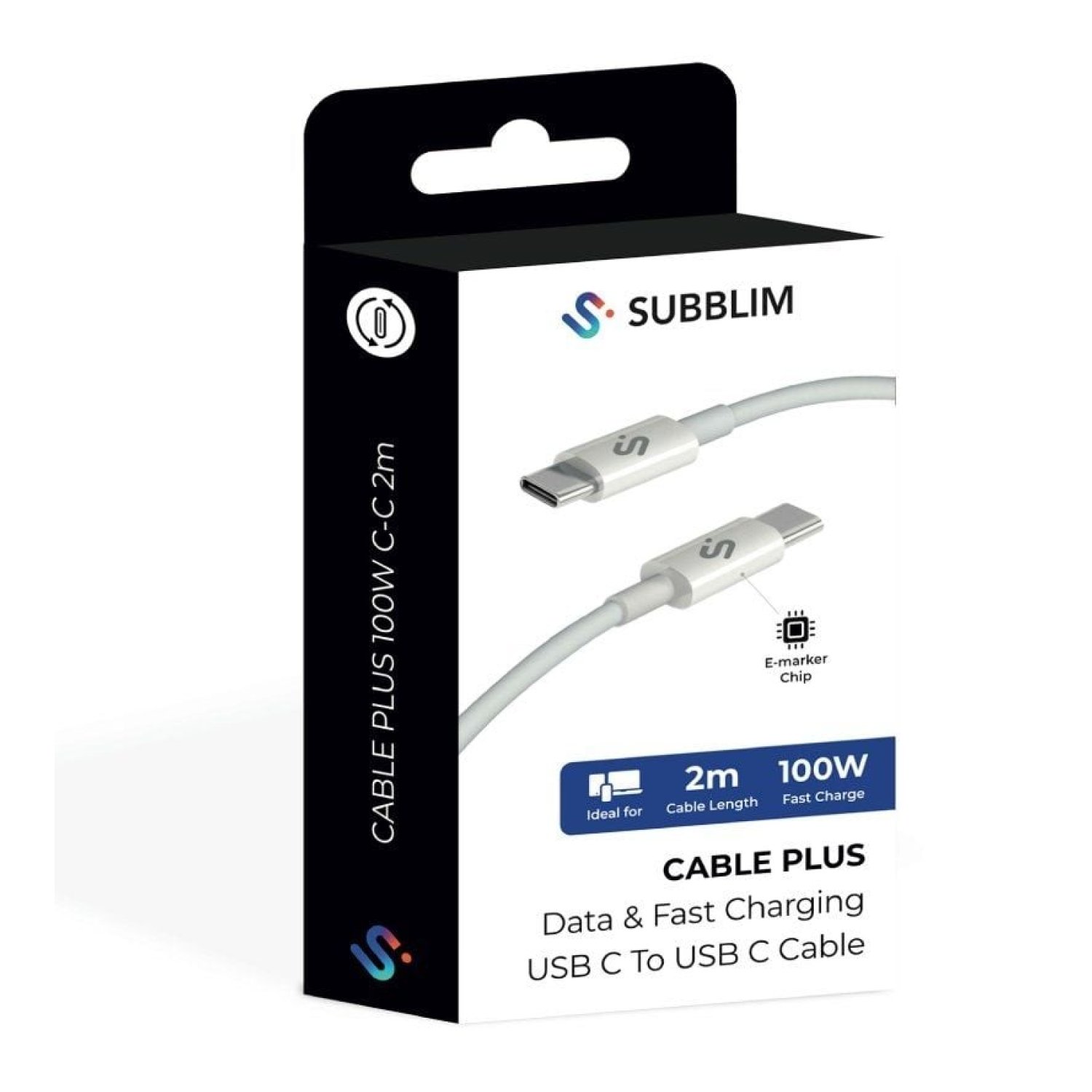 Subblim Cable Plus · USB Tipo-C Macho · 2m · 100W · 480Mbps · Blanco