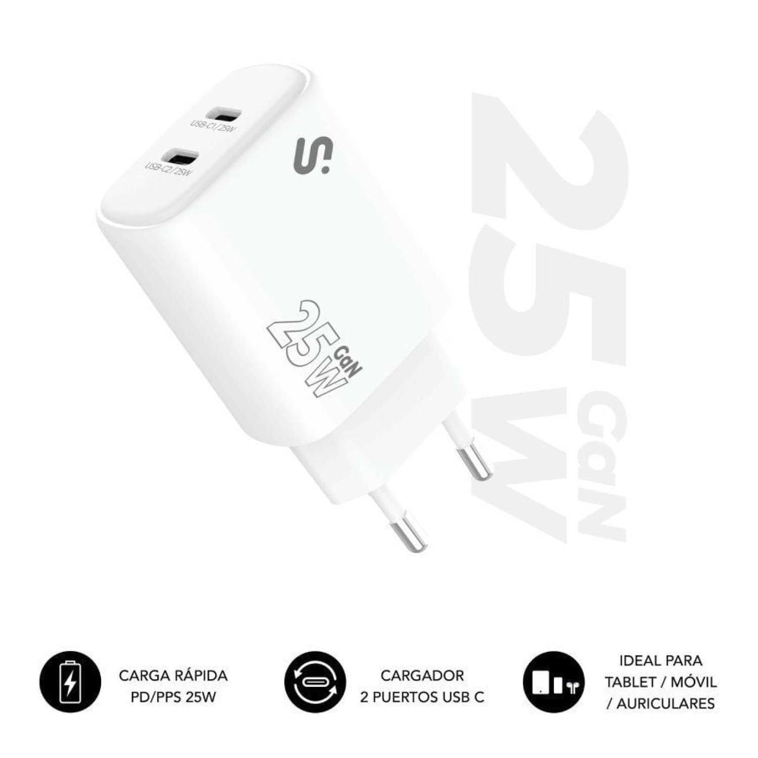 Subblim Cargador GaN 25W · 2x USB-C · Carga Rápida